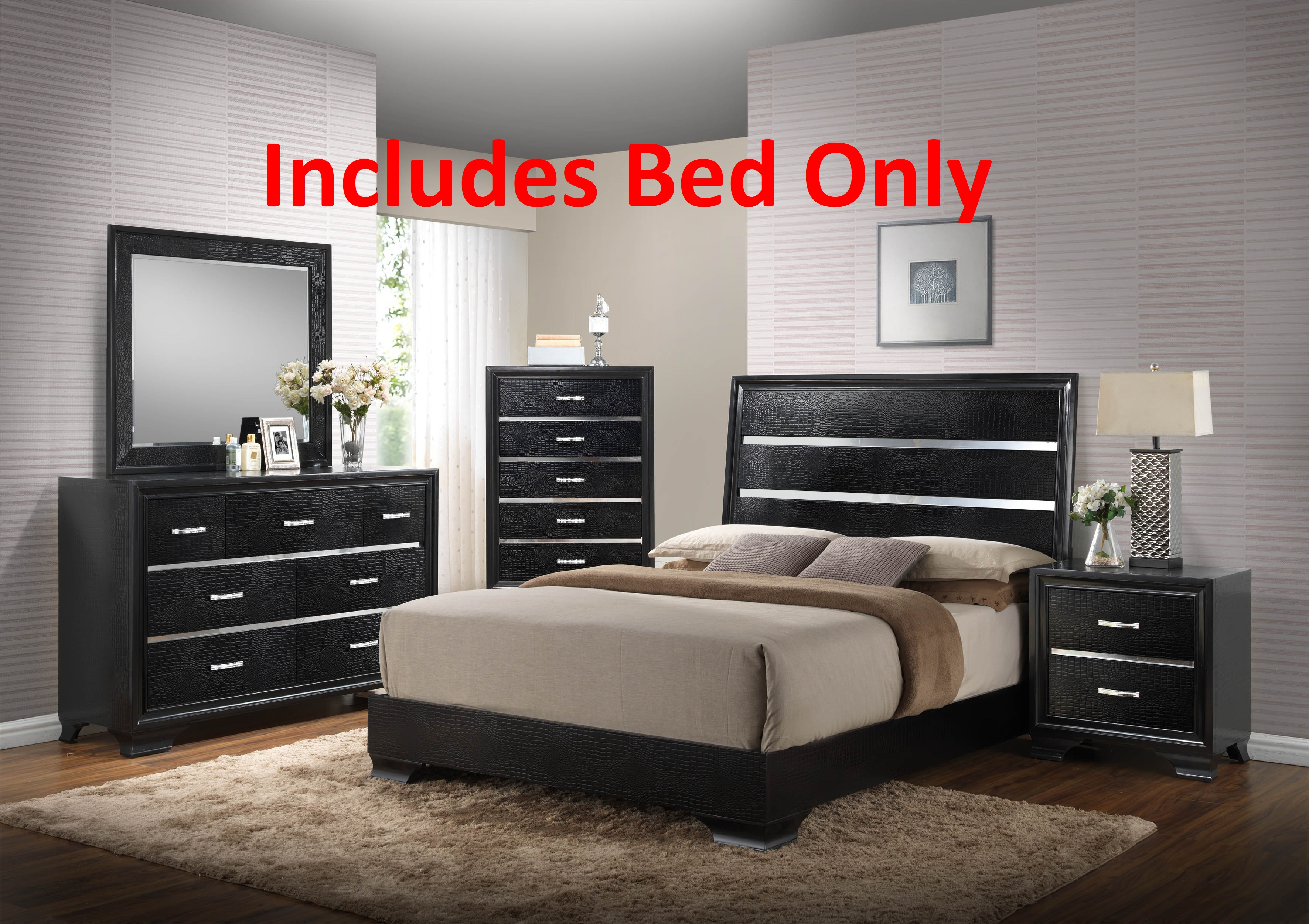 Heinrik 5 Piece Black Wood Queen Size Contemporary Bedroom Set Bed Dresser Mirror 2 Nightstands in proportions 3543 X 2502