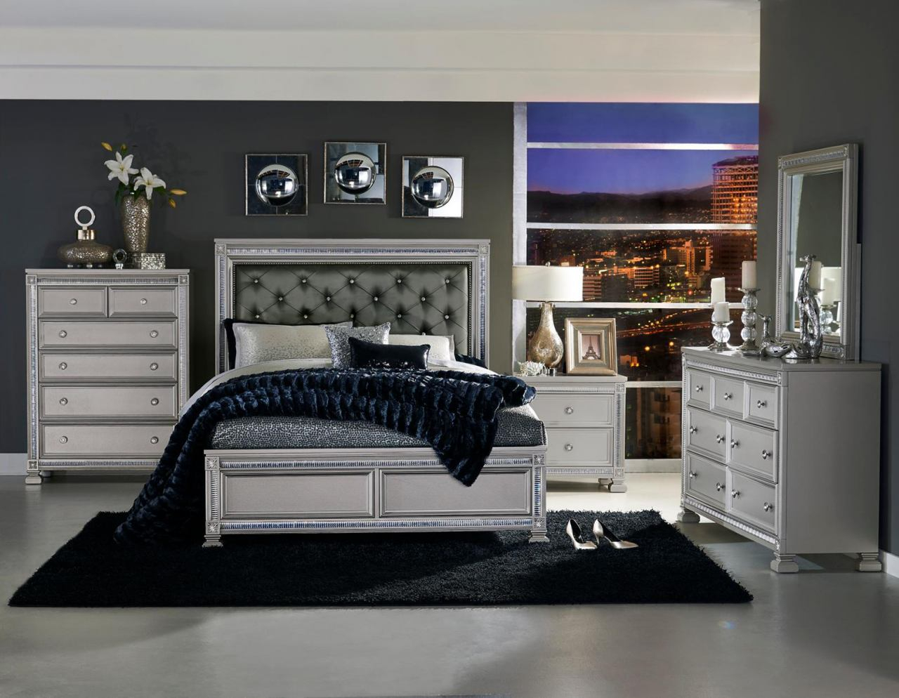 Homelegance Bevelle 4pc Upholstered Panel Bedroom Set In Silver intended for dimensions 1280 X 994