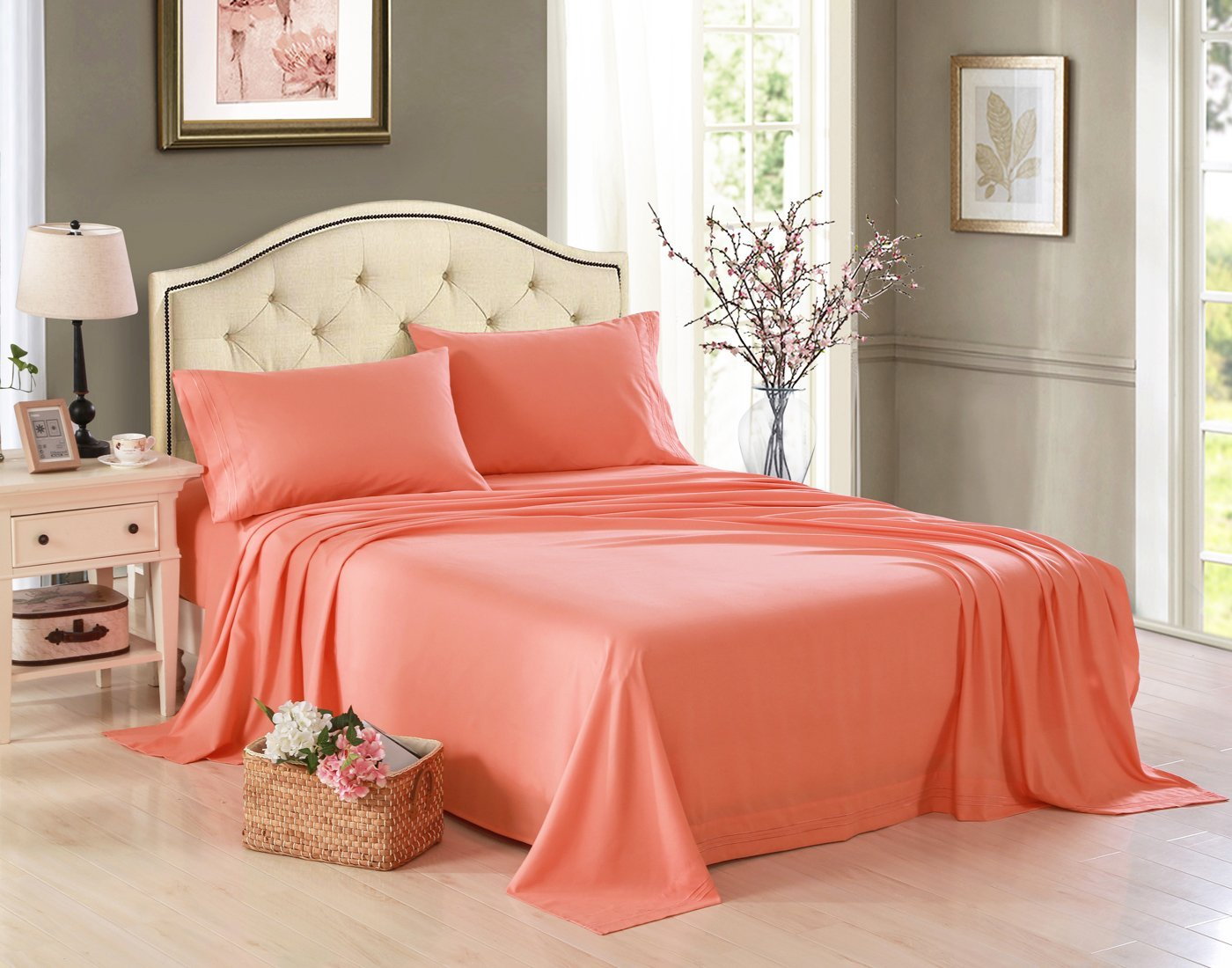 Honeymoon 1800 Brushed Microfiber Embroidered Bed Sheet Set Ultra Soft Queen Coral inside measurements 1400 X 1100