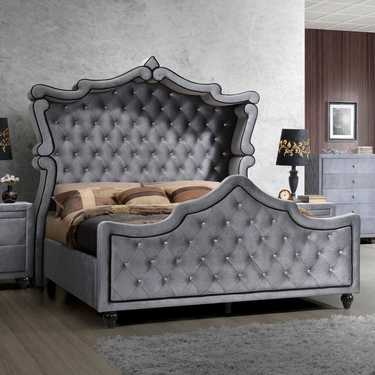 Hudson Grey Velvet Queen Canopy Bed W Ornate Crystal Tufted inside proportions 1200 X 1200