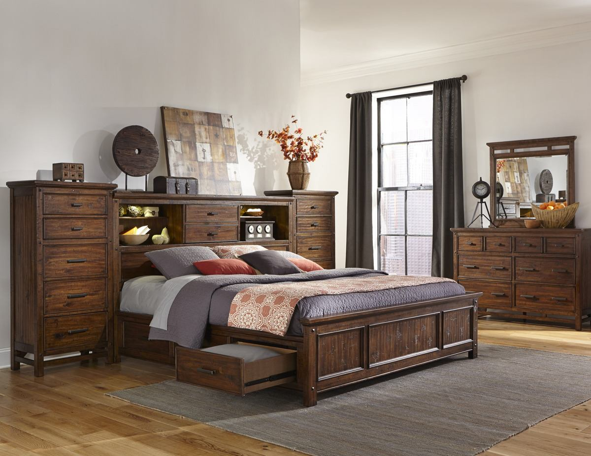 Intercon Furniture Wolf Creek 5 Piece Bookcase Bedroom Set With Storage In Vintage Acacia regarding proportions 1200 X 927