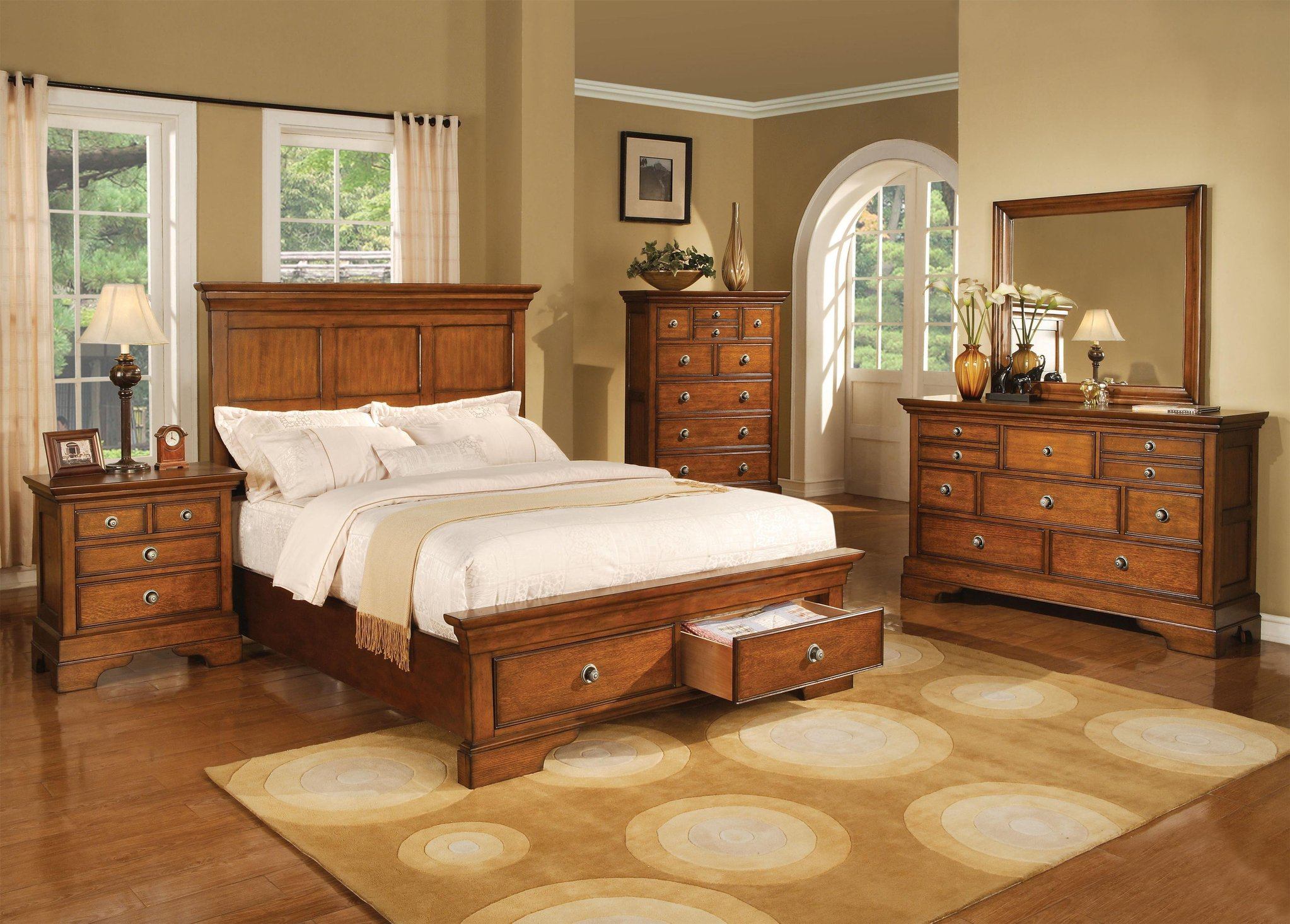 King Panel Bedroom Set In Light Brown Finish Bedroom Furniture pertaining to proportions 2046 X 1466