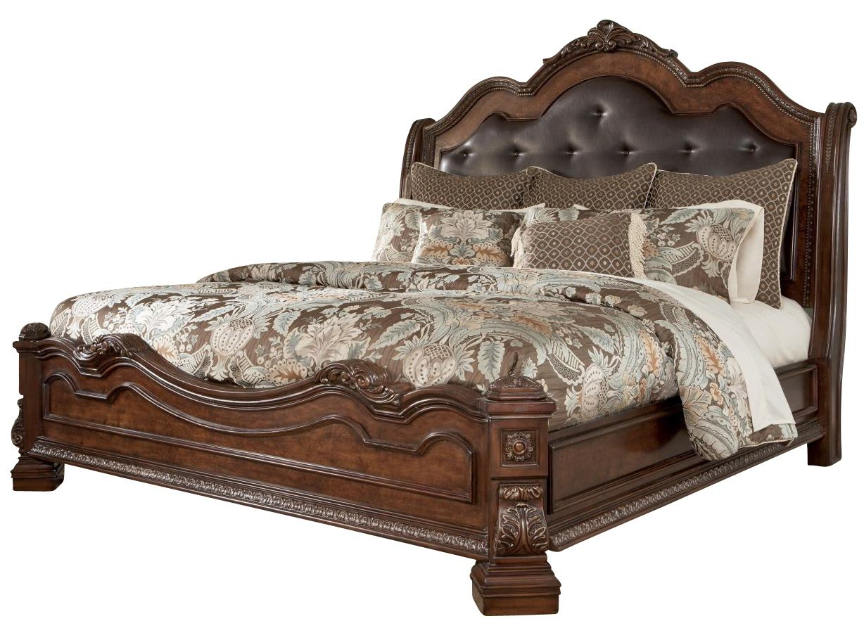 Ledelle Queen Sleigh Headboard Bed With Upholstered Faux Leather In Brown within measurements 1228 X 910