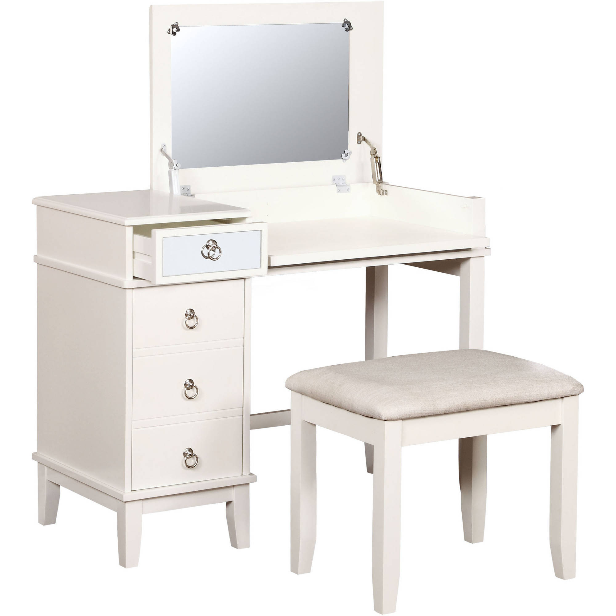 Linon Eva Vanity Set Including Mirror And Stool White 18 Inch Stool Height regarding measurements 2000 X 2000