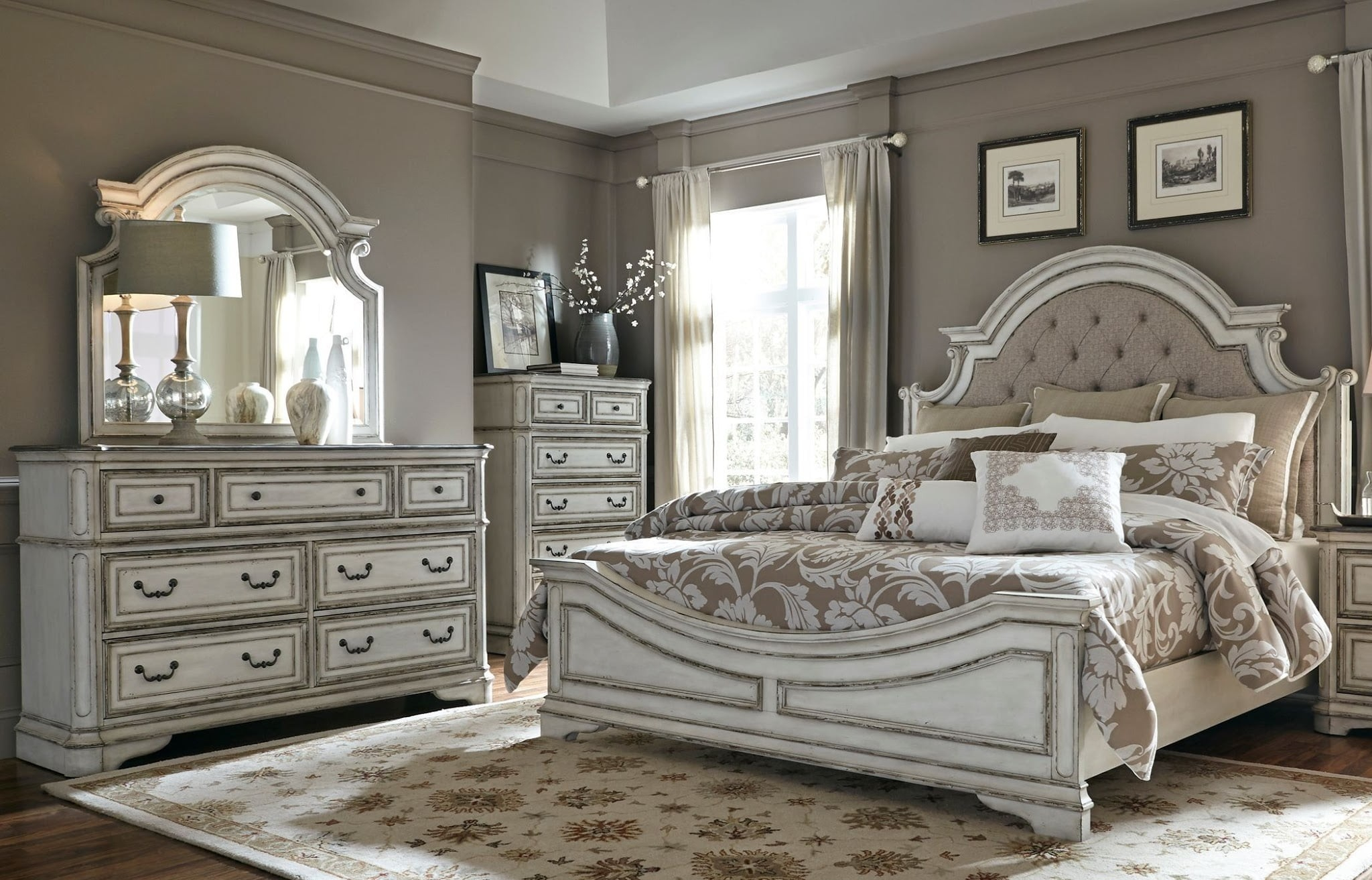 Magnolia Manor Antique White Upholstered Panel Bedroom Set in dimensions 2048 X 1313