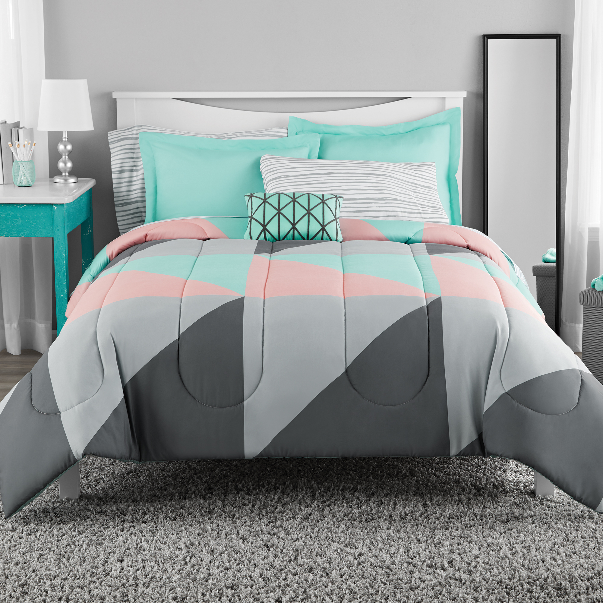 Mainstays Grey Teal Bed In A Bag Bedding Set Queen intended for size 2000 X 2000