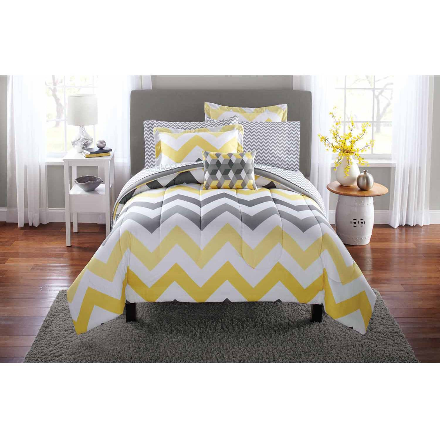 Mainstays Yellow Grey Chevron Bed In A Bag Bedding in proportions 1500 X 1500