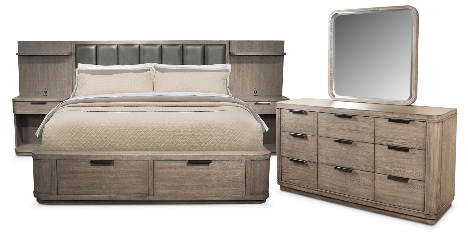 Malibu 5 Piece Low Upholstered Wall Storage Bedroom Set With Dresser And Mirror with sizing 1500 X 749