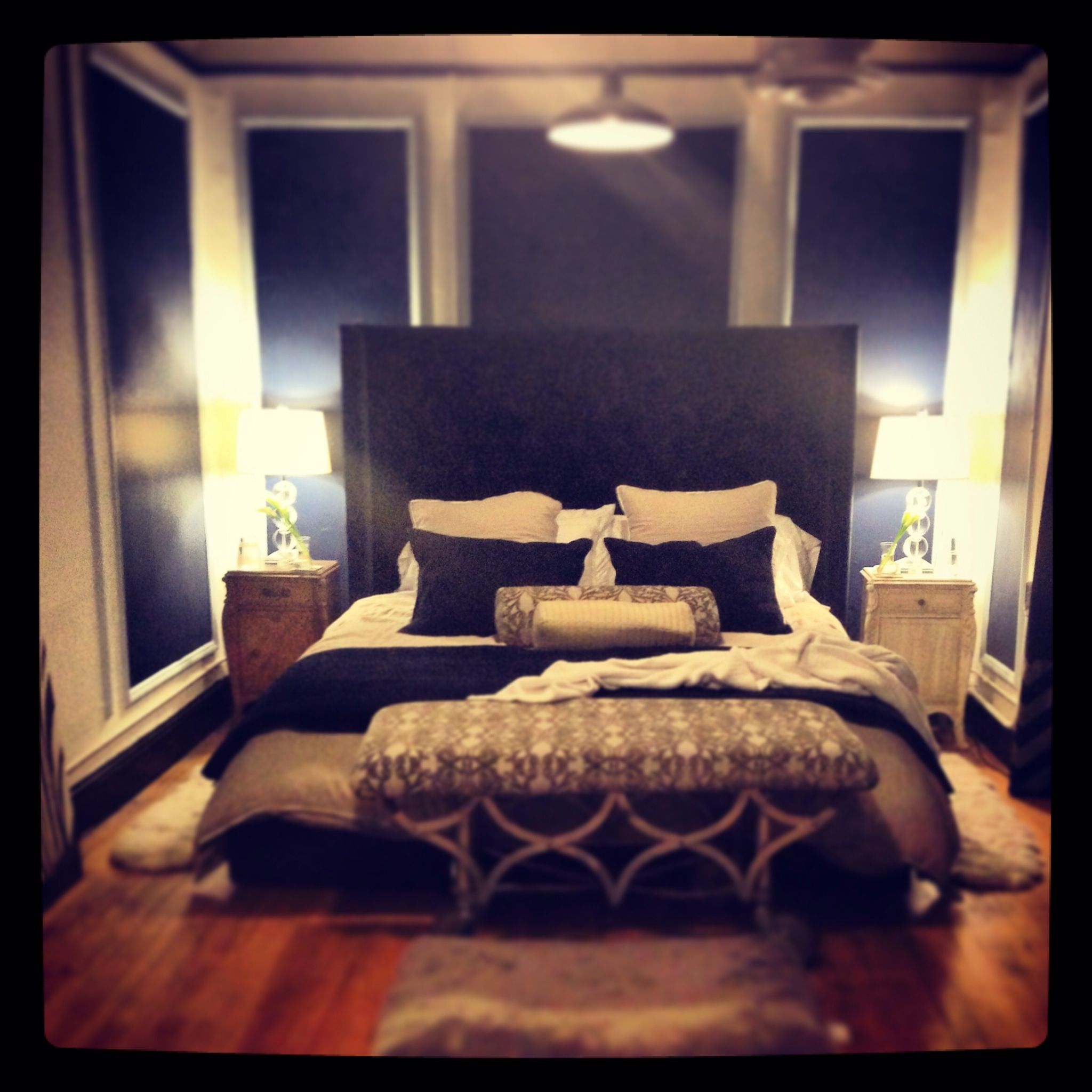 Master Bedroom With A City View Navy Blue White And Tan intended for dimensions 2048 X 2048