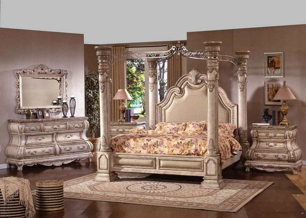 Mc Ferran B9097 5 Pc Princess Anne Ii Antique White Wood Finish Queen 4 Poster Canopy Bedroom Set With Padded Headboard With Marble Tops in measurements 1056 X 755