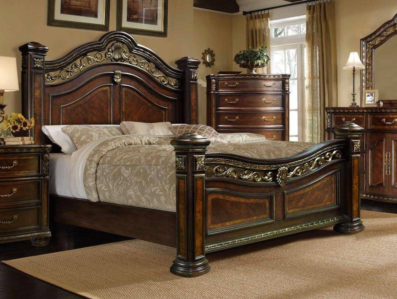 Mcferran B163 Ek Antique Brass Cherry Wood Finish King Bedroom Set for sizing 1274 X 960