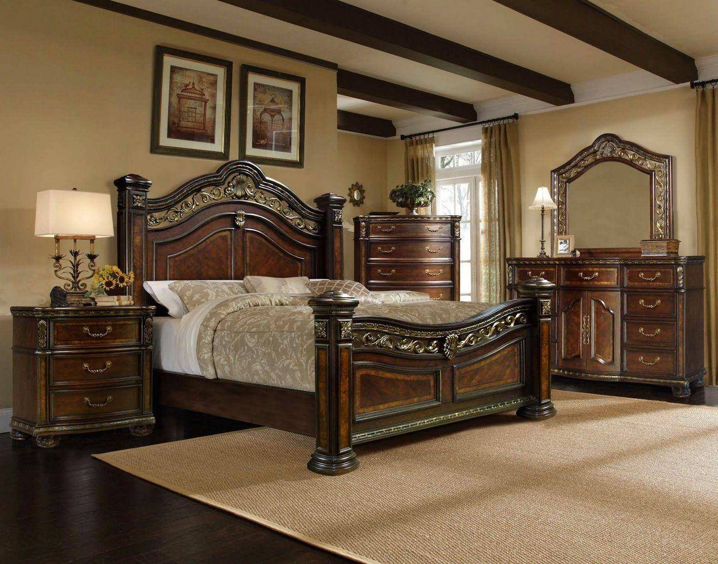 Mcferran B163 Ek Antique Brass Cherry Wood Finish King Bedroom Set throughout size 1400 X 1100