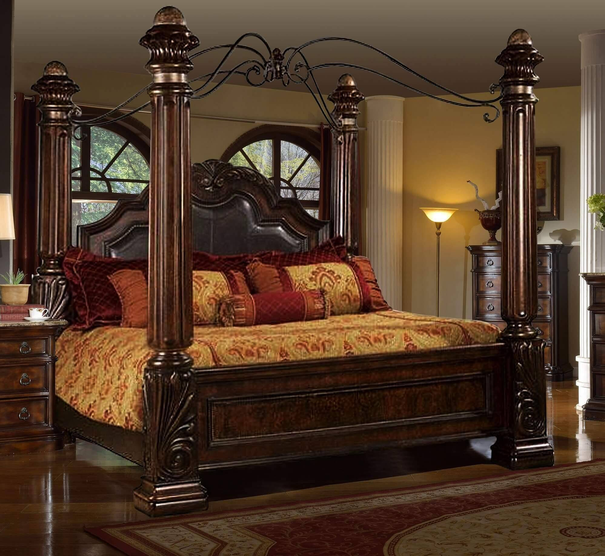 Mcferran B6005 King Canopy Bedroom Set 5 Pcs In Brown Leather throughout measurements 1997 X 1835