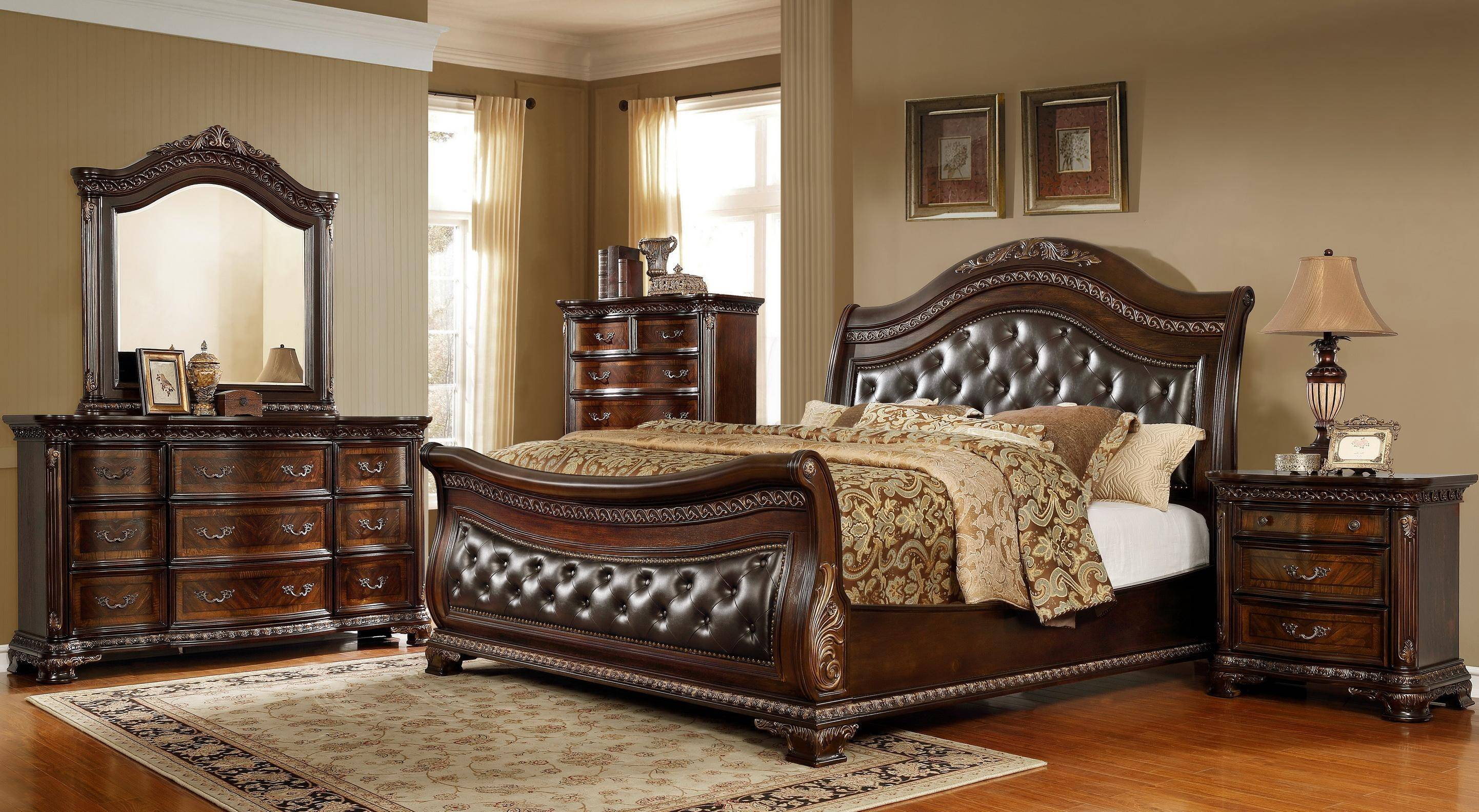 Mcferran B9588 King Sleigh Bedroom Set 5 Pcs In Oak Veneersdark Cherry Finish Dark Cherry Finish Leather inside dimensions 2884 X 1584