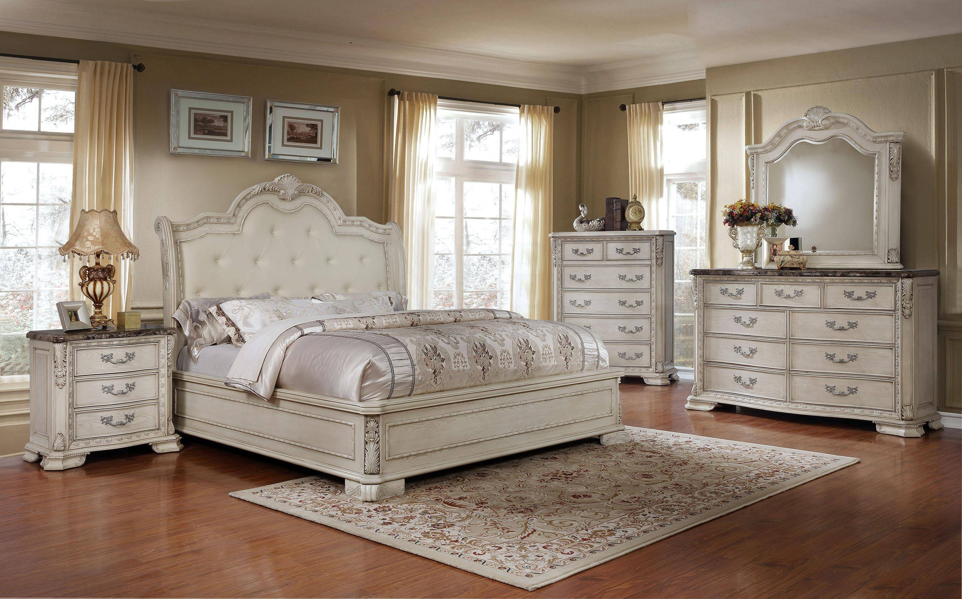 Mcferran Mcferran B1000 Set Queen Panel Bedroom Set 4 Pcs In Antique White Vinyl throughout sizing 3101 X 1932