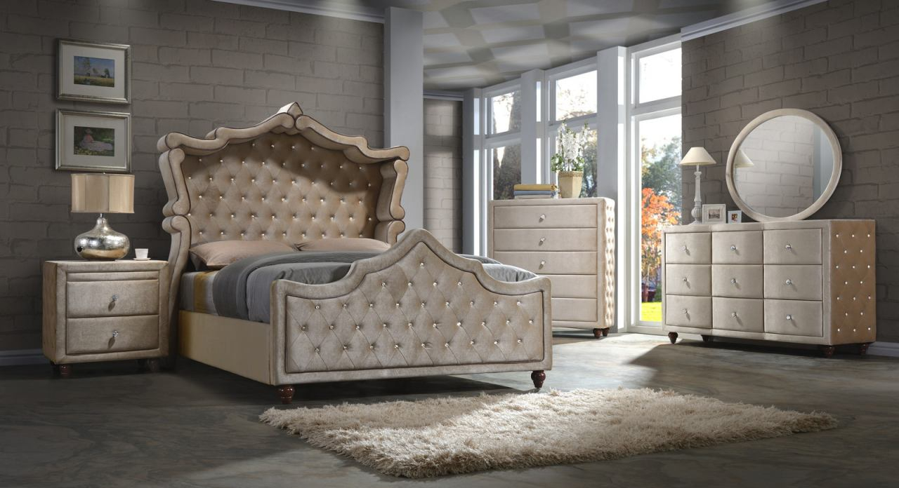 Meridian Diamond 4 Piece Canopy Bedroom Set In Golden Beige with regard to proportions 1280 X 696