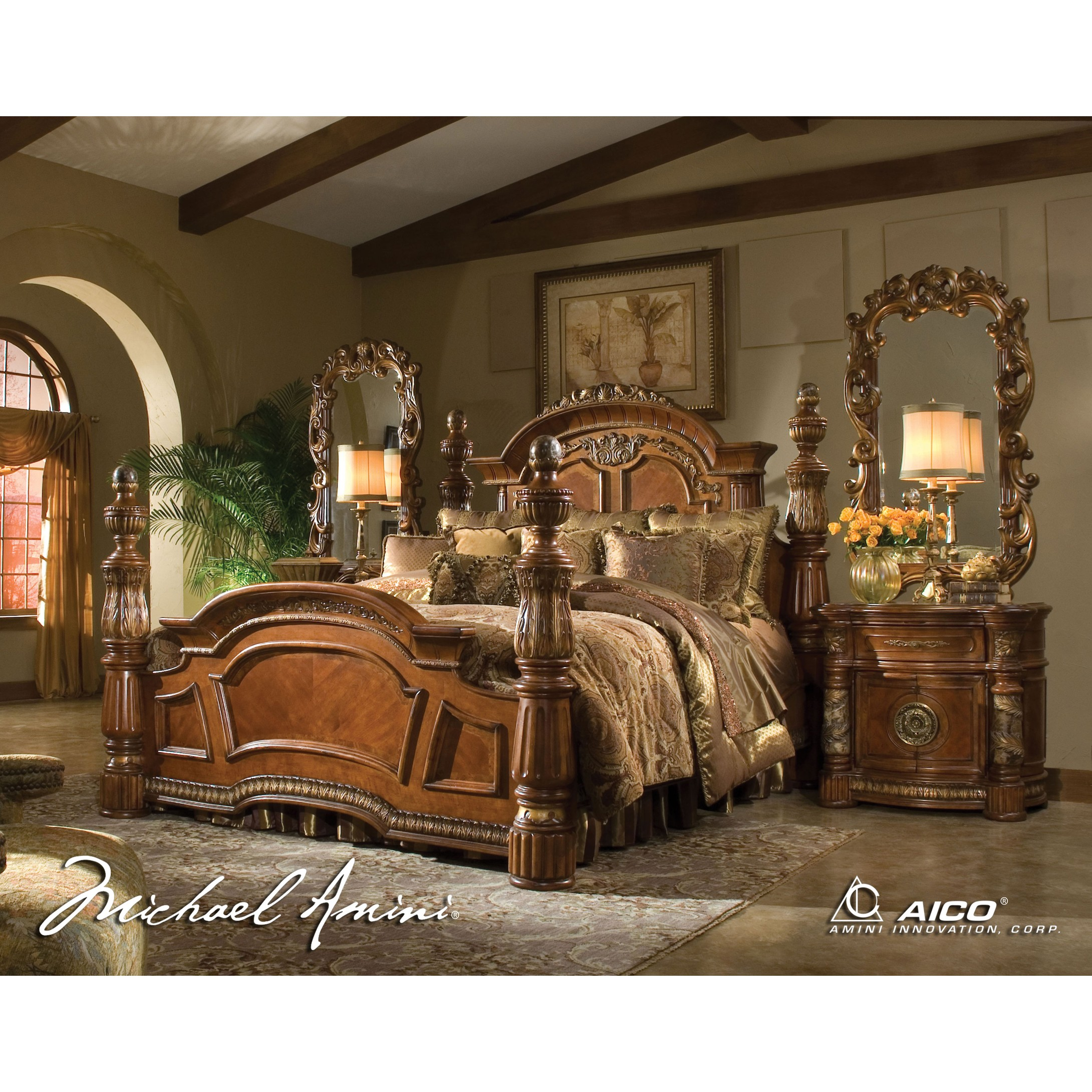 Michael Amini 4pc Villa Valencia California King Size Low Post Bedroom Set with regard to proportions 2180 X 2180