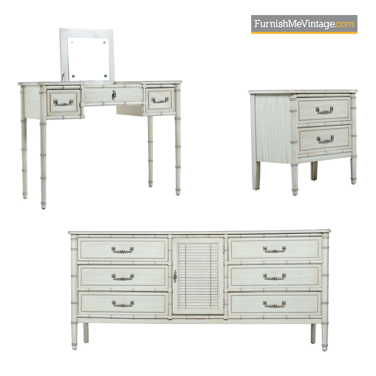 Mid Century White Washed Faux Bamboo Bedroom Set With Vanity pertaining to dimensions 1500 X 1500