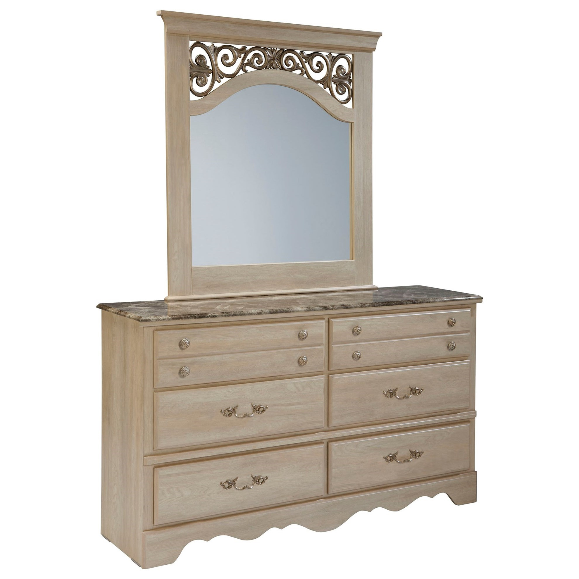 Montecito Traditional Six Drawer Dresser With Faux Marble Top And Dresser Mirror With Scroll Detail Standard Furniture At Wayside Furniture in sizing 1980 X 1980