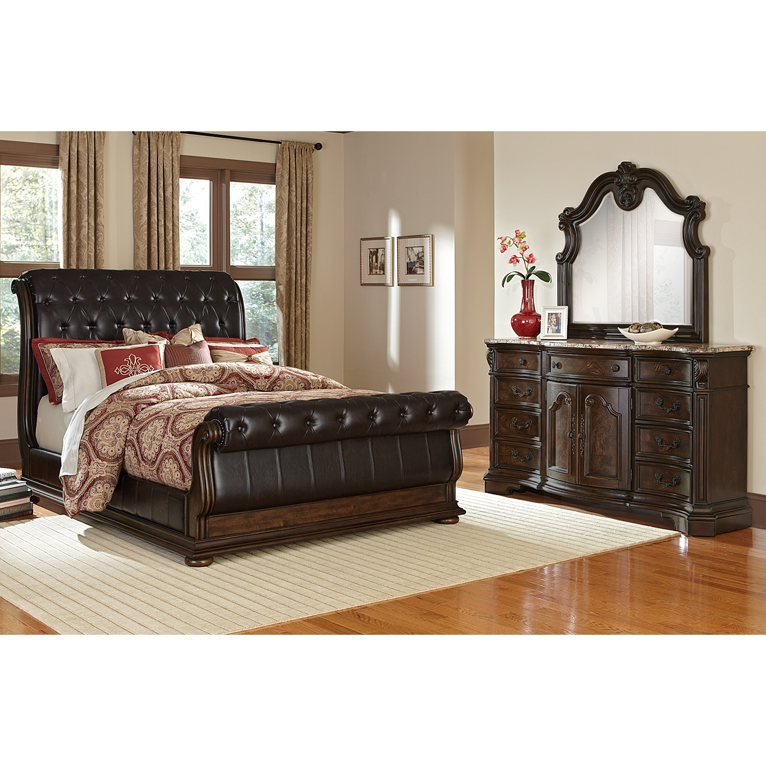Monticello 5 Piece Upholstered Sleigh Bedroom Setwith Dresser And Mirror in size 1500 X 1500