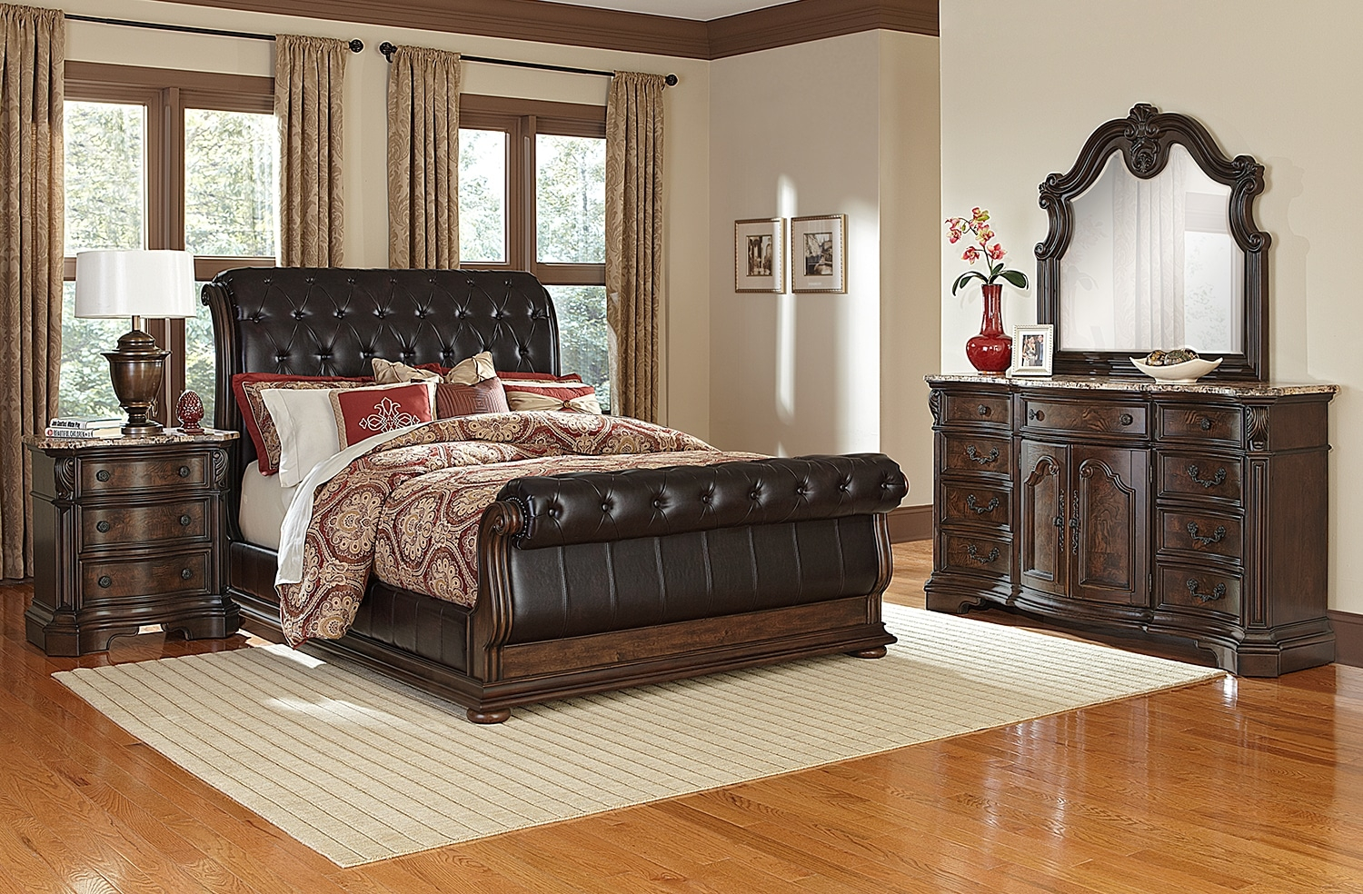 Monticello 6 Piece Upholstered Sleigh Bedroom Setwith Nightstand Dresser And Mirror for sizing 1500 X 984