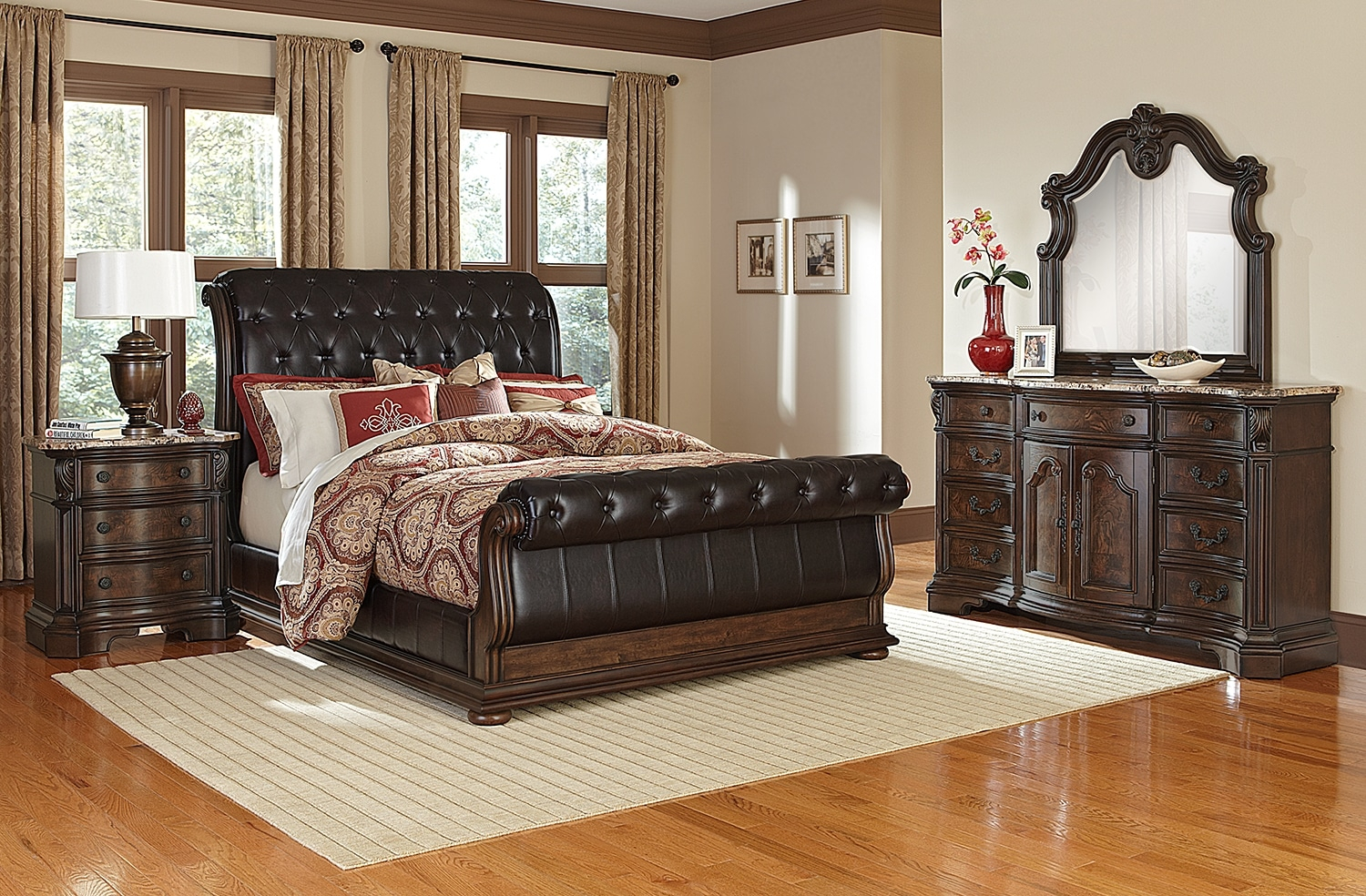 Monticello 6 Piece Upholstered Sleigh Bedroom Setwith Nightstand Dresser And Mirror inside size 1500 X 984