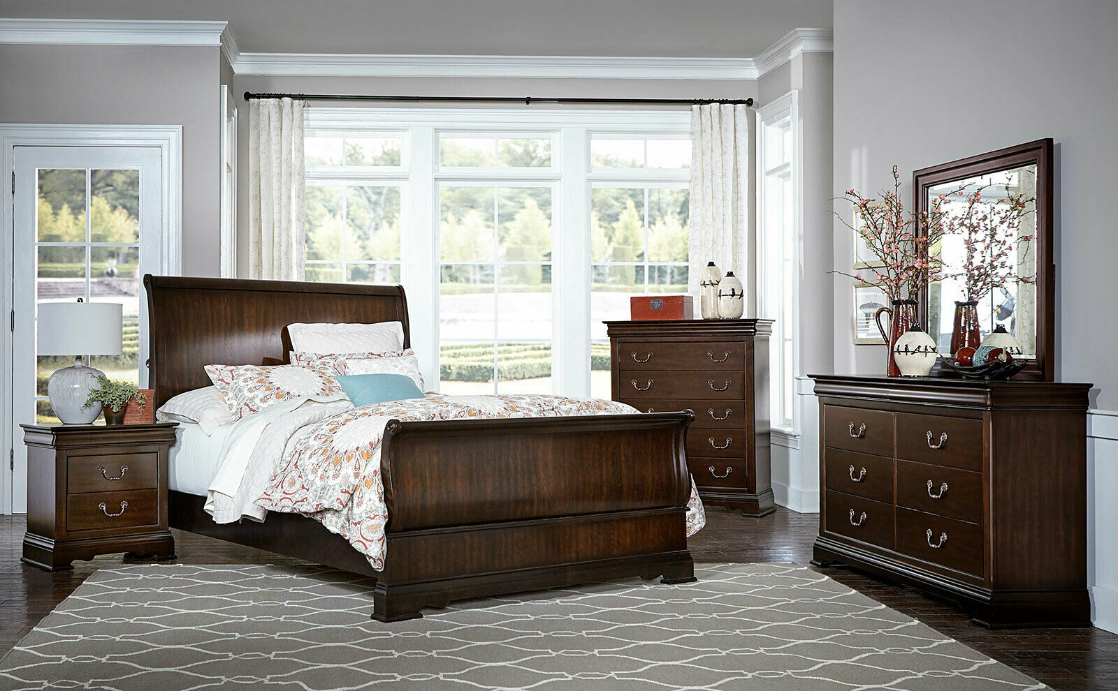 New Traditional Cherry Brown 5 Piece Bedroom Suite W King Sleigh Bed Set Ia5u intended for measurements 1600 X 990