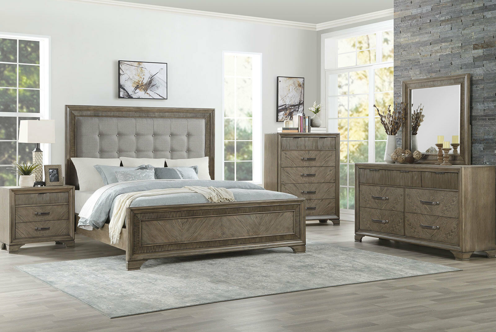 New Transitional Gray 5 Piece Bedroom Set W Queen Size Fabric Headboard Bed A4q throughout dimensions 1600 X 1074
