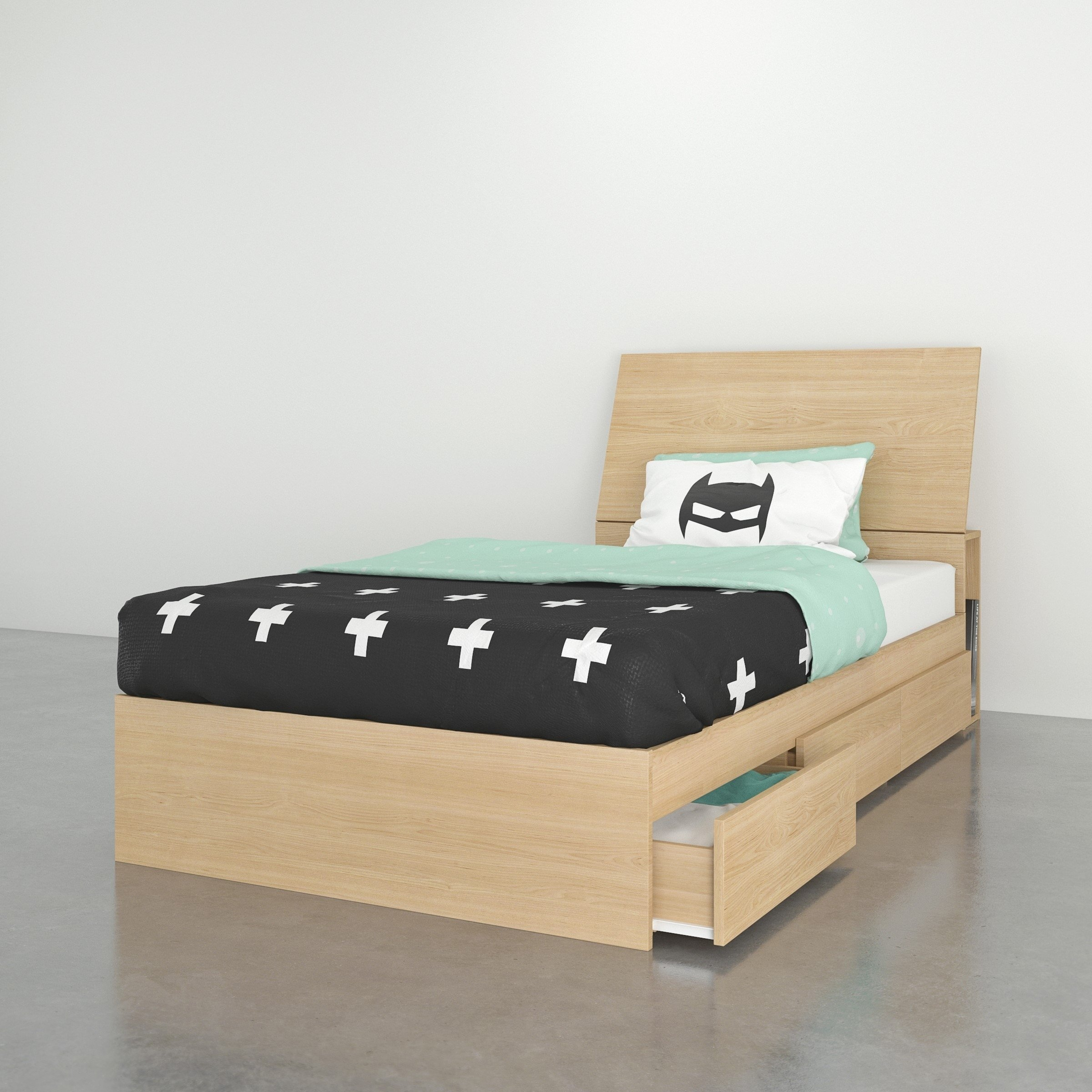 Nordik Twin Size Storage Bed And Headboard Natural Maple Beige throughout dimensions 2400 X 2400