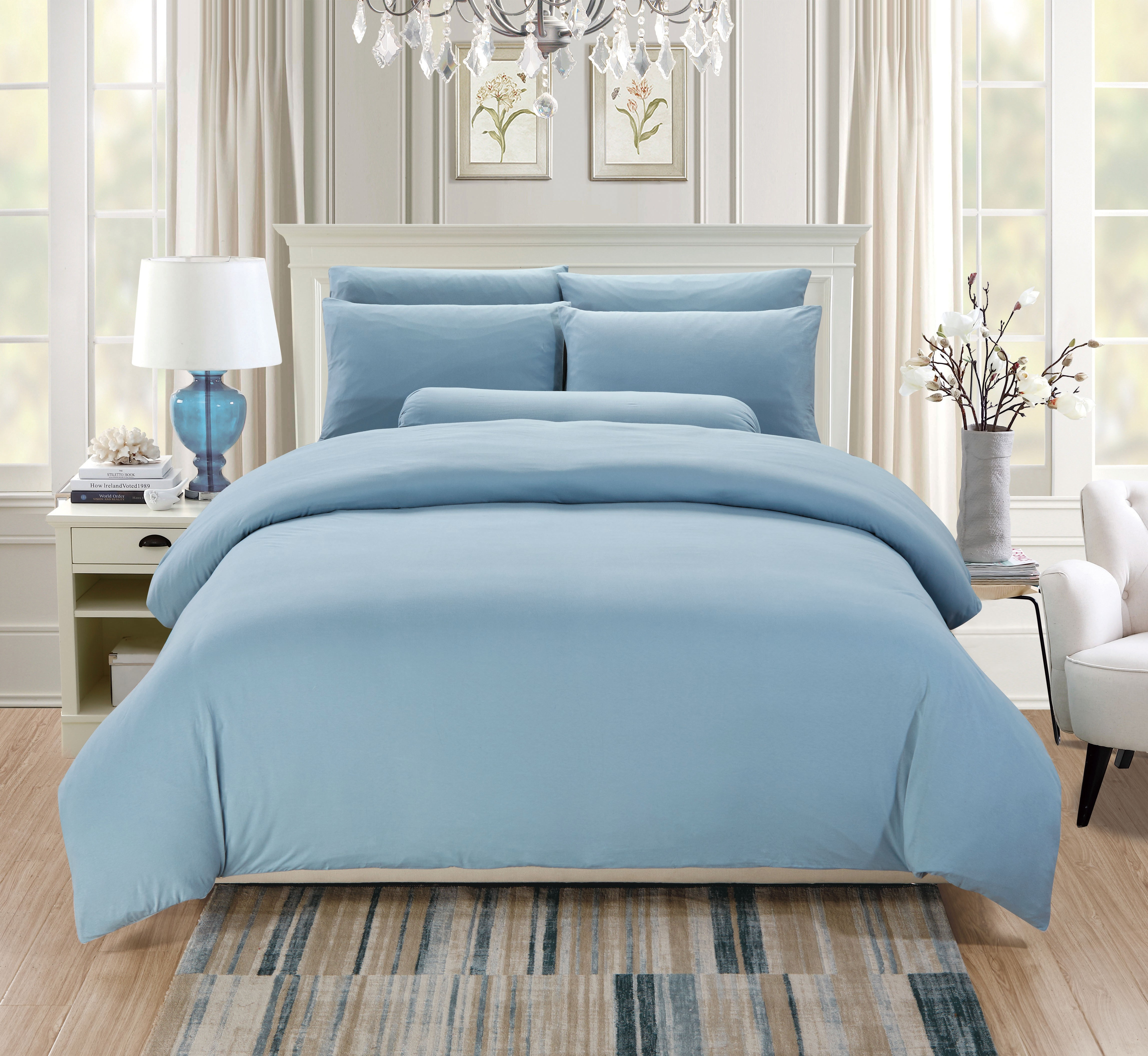 Oculus Living Elefen Plain Series Sea Blue Bed Set with dimensions 4590 X 4223