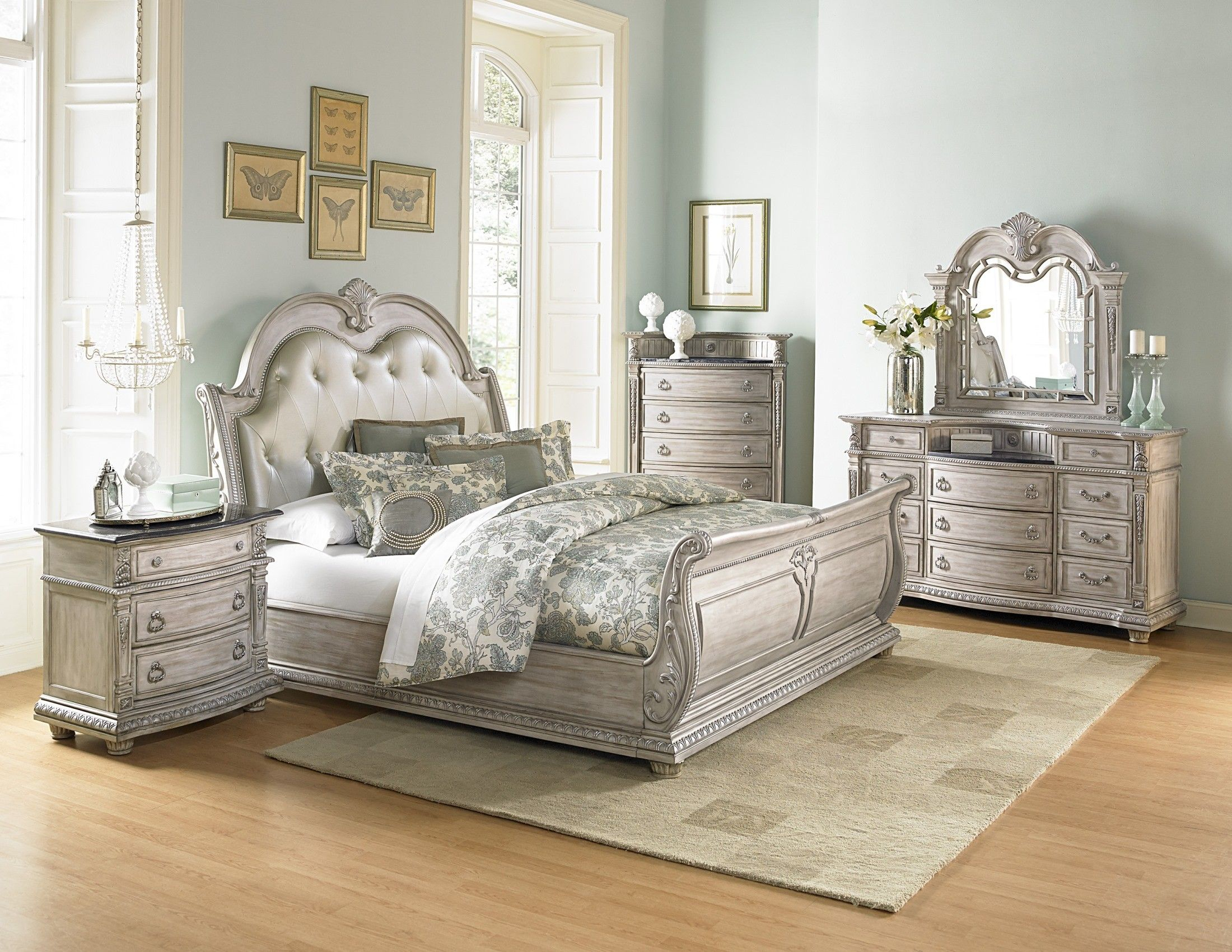 Palace Ii White Wash Bonded Leather Sleigh Bedroom Set Master Room throughout size 2200 X 1700