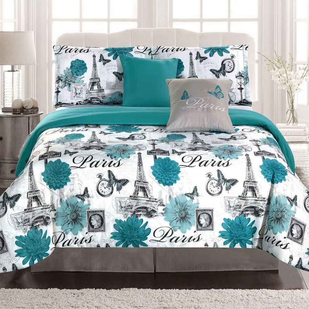 Paris Bedding Twin Or Fullqueen Comforter Bed Set Eiffel Tower Teal in size 1000 X 1000