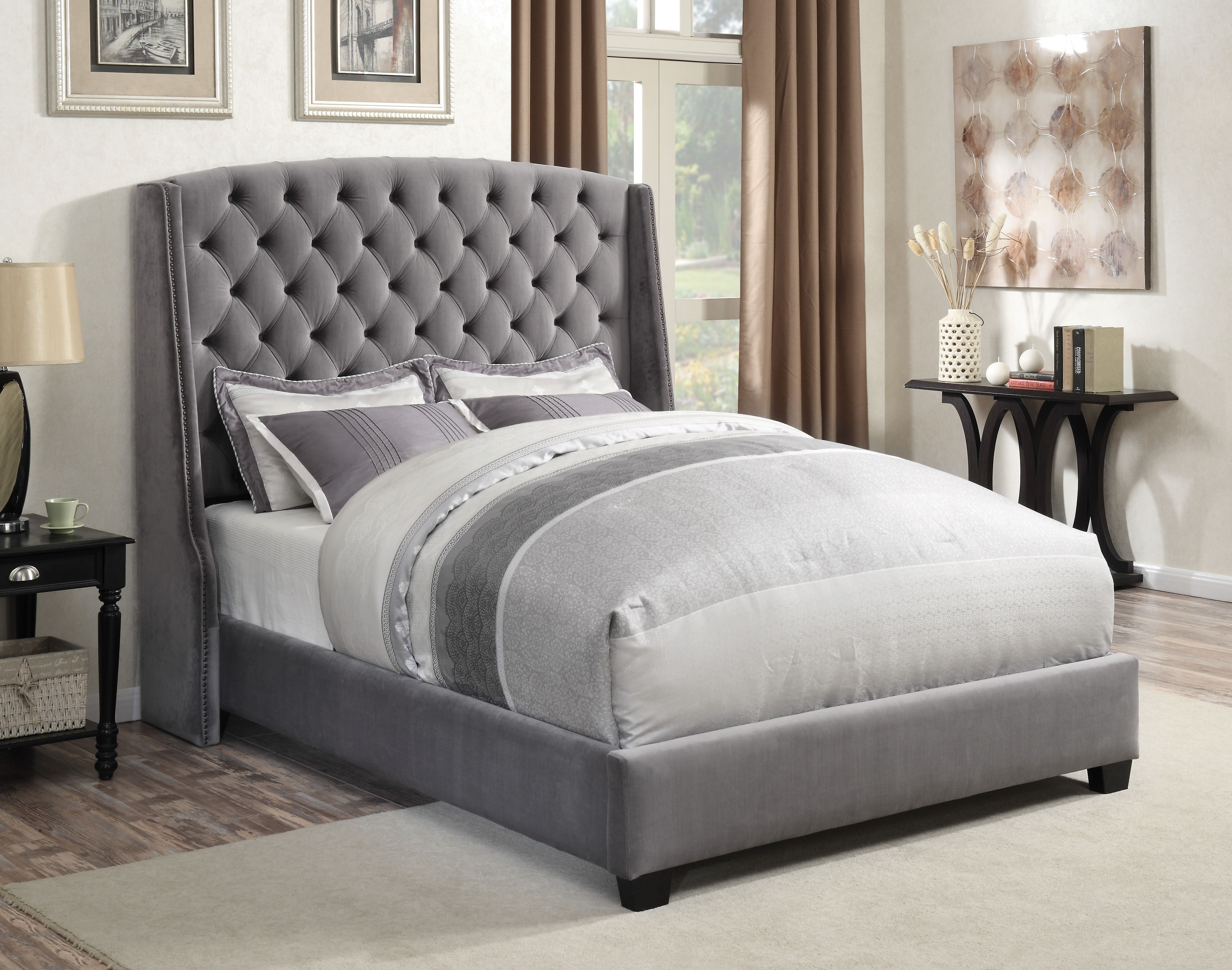 Pissarro Collection Grey Velvet Fabric Wingback Eastern King Size Bed W Nailhead Button Tufted Headboard in dimensions 4464 X 3516