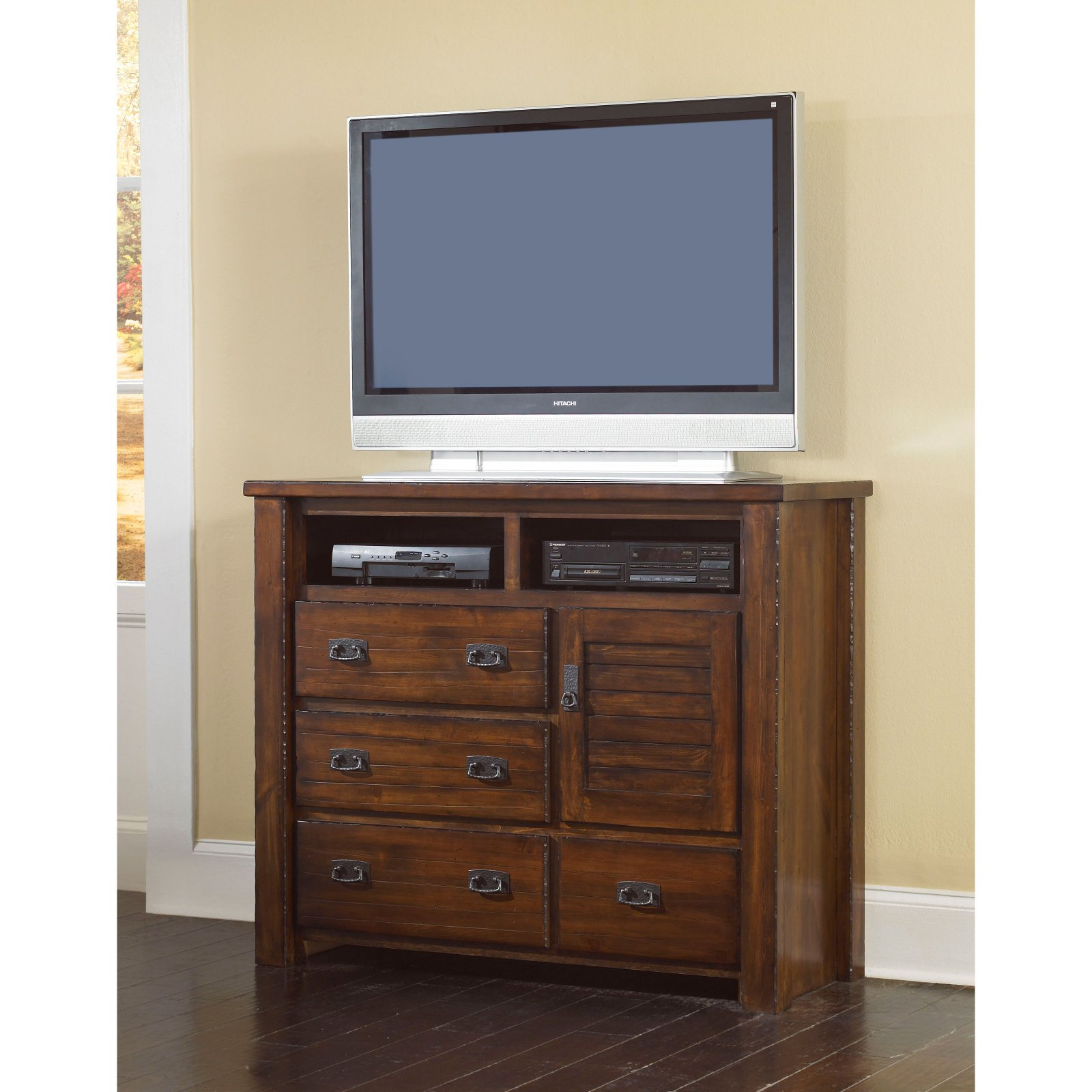 Progressive Furniture Trestlewood 4 Drawer Media Chest Mesquite Pine in proportions 1600 X 1600