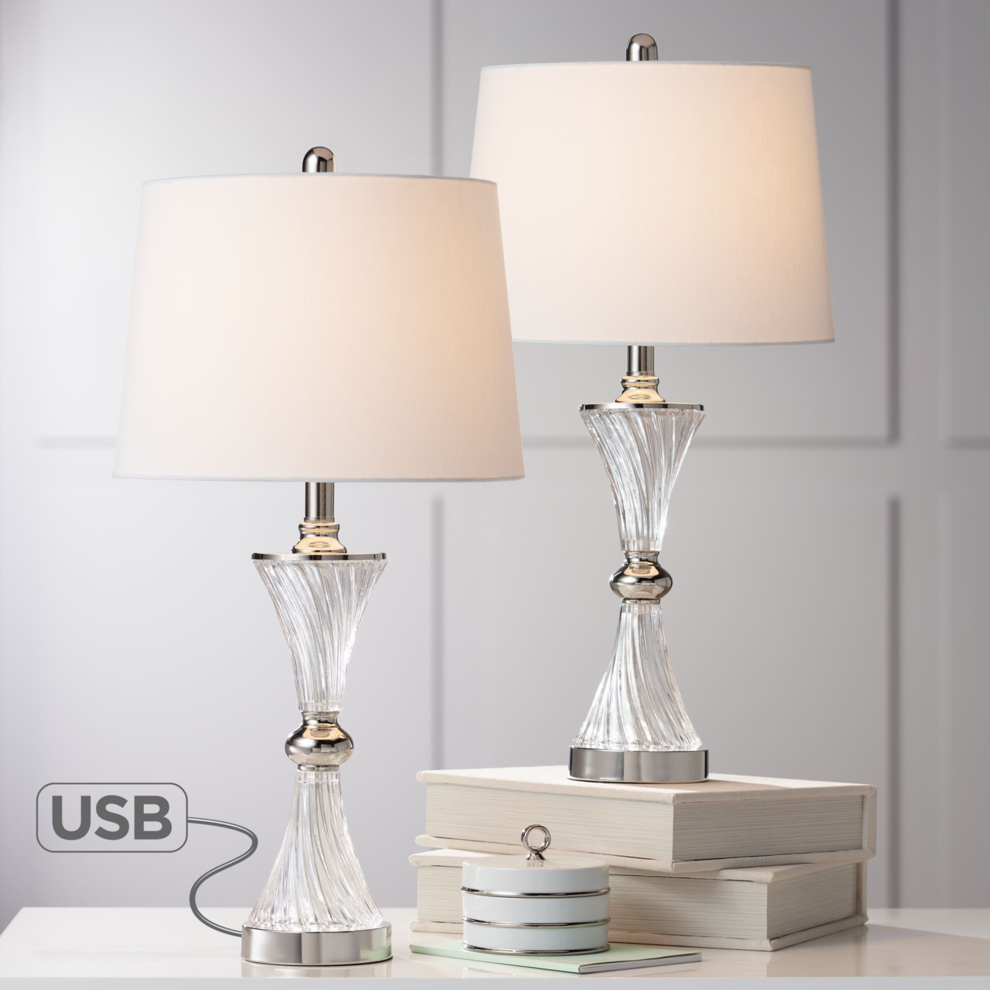 Regency Hill Modern Table Lamps Set Of 2 With Usb Charging Port Chrome And Glass Drum Shade For Living Room Family Bedroom Bedside inside dimensions 2000 X 2000