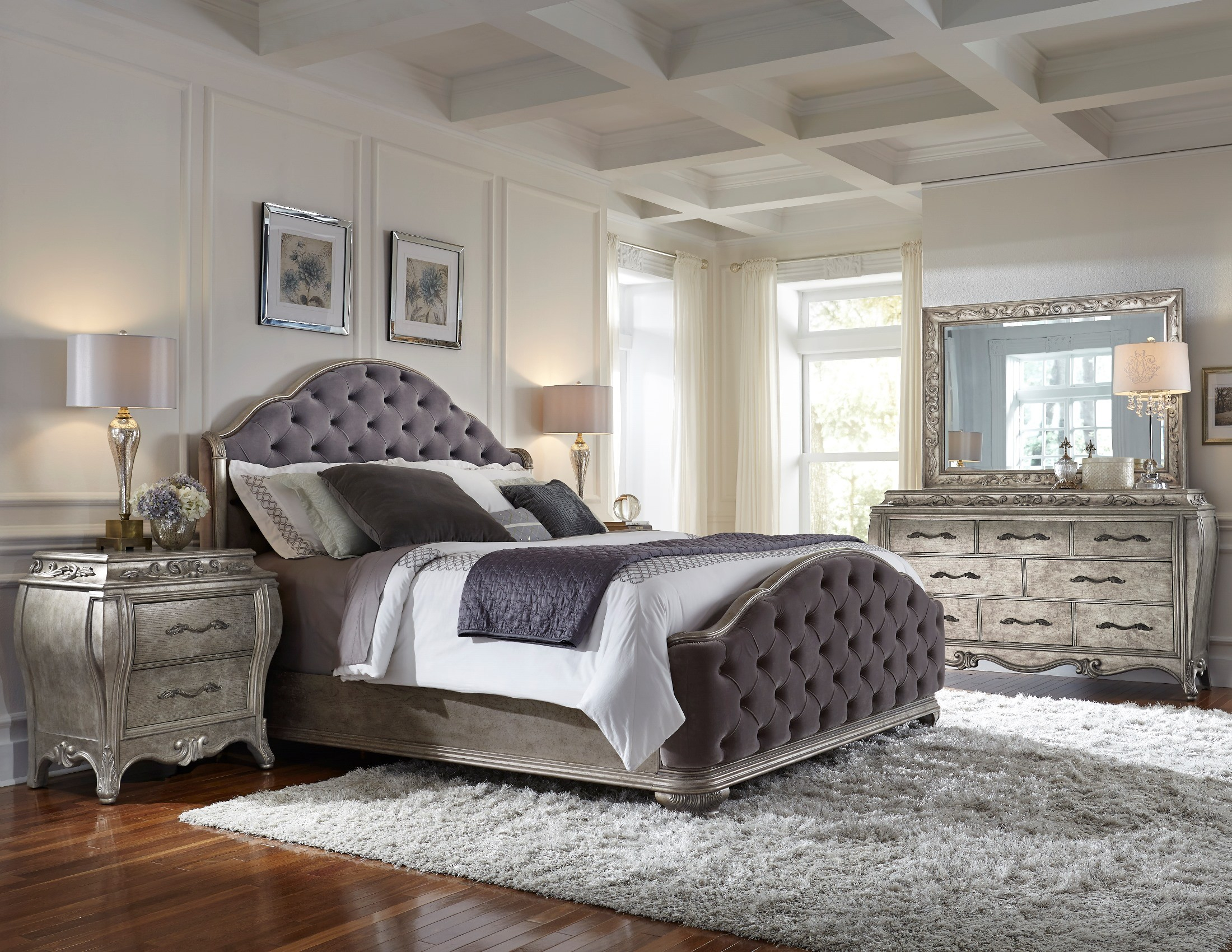 Rhianna Silver Patina Upholstered Panel Bedroom Set with regard to dimensions 2200 X 1700