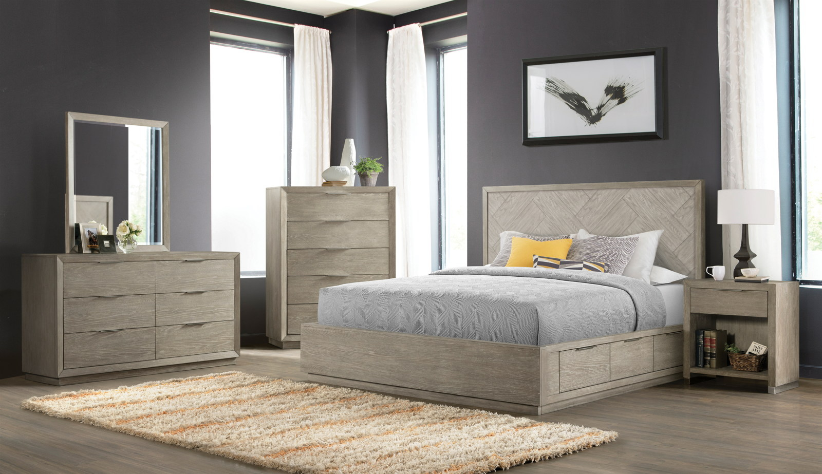 Riverside Zoey 4pc Herringbone Panel Single Storage Bedroom Set In Urban Gray for measurements 1600 X 923