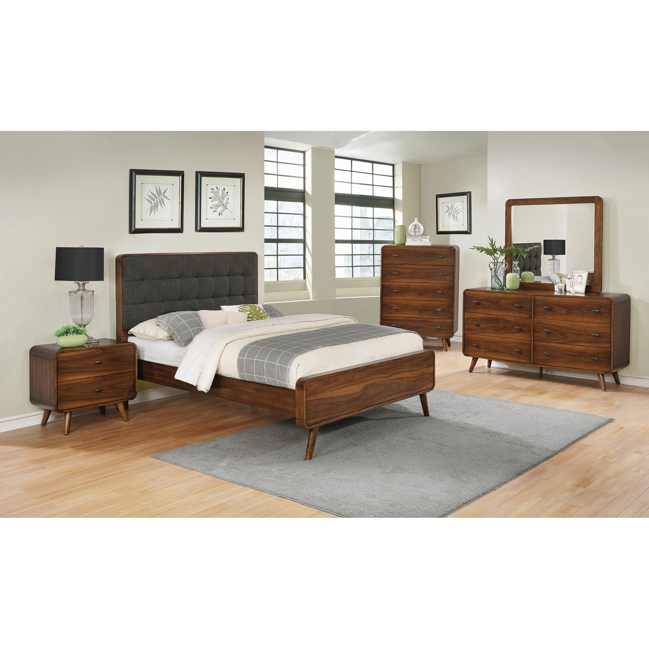 Roxbury Mid Century Modern Dark Walnut 4 Piece Bedroom Set with regard to sizing 2087 X 2087