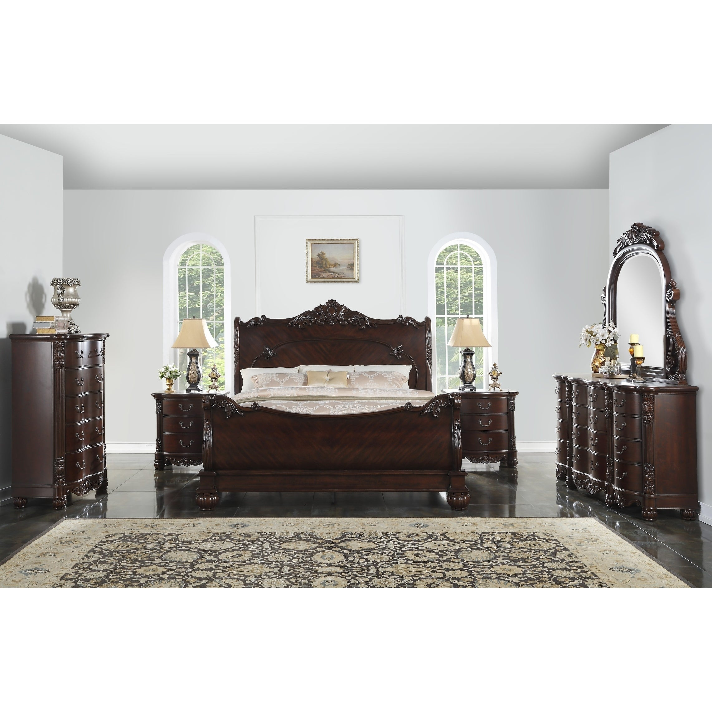 Saillans Cherry Finish Solid Wood Construction Bedroom Set With Bed Dresser And Mirror 2 Nightstands Chest regarding size 2283 X 2283