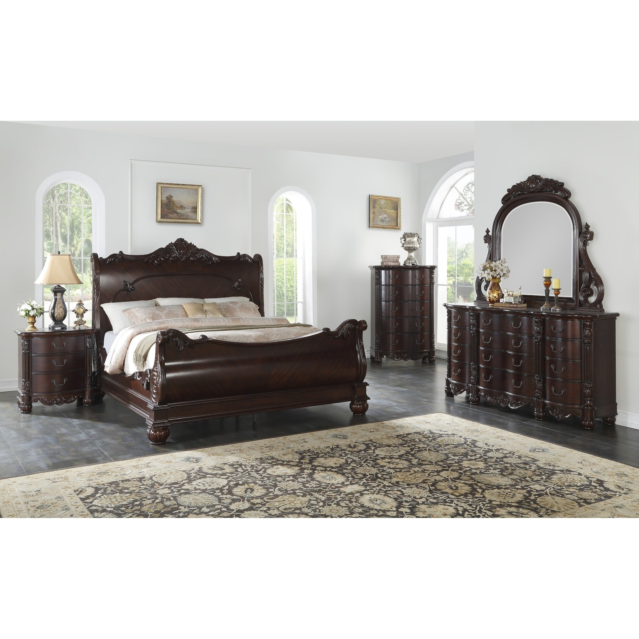 Saillans Cherry Finish Solid Wood Construction Bedroom Set With Bed Dresser And Mirror Nightstand Chest throughout proportions 2175 X 2175