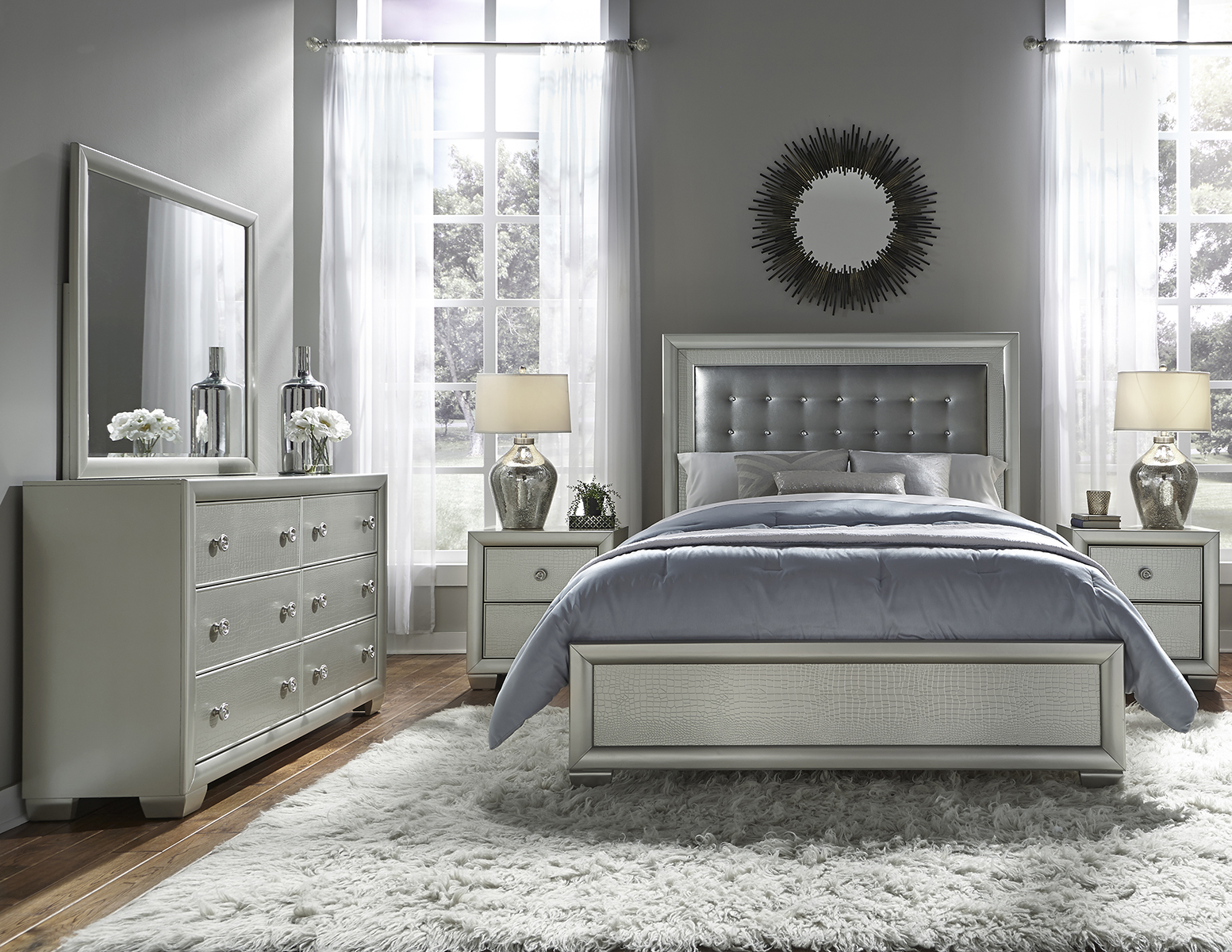 Samuel Lawrence Celestial 4pc Upholstered Panel Bedroom Set In Silver inside dimensions 1553 X 1200