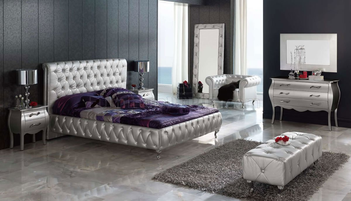 Silver Tufted Leatherette 9pc King Size Modern Bedroom Set pertaining to dimensions 1200 X 689