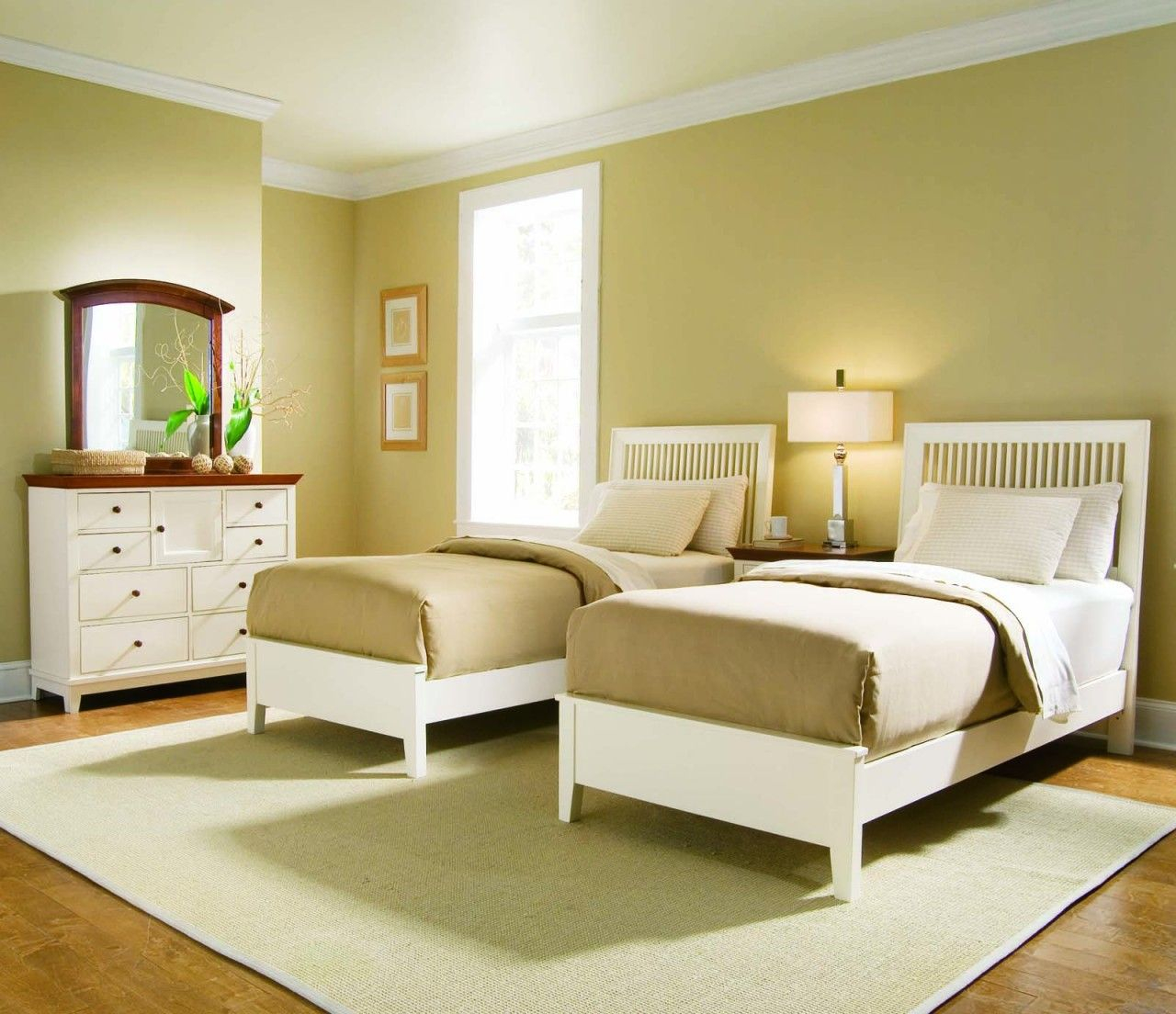 Simple Twin Bedroom Set Idea For Girls With Golden Brown Wall Paint for dimensions 1280 X 1104