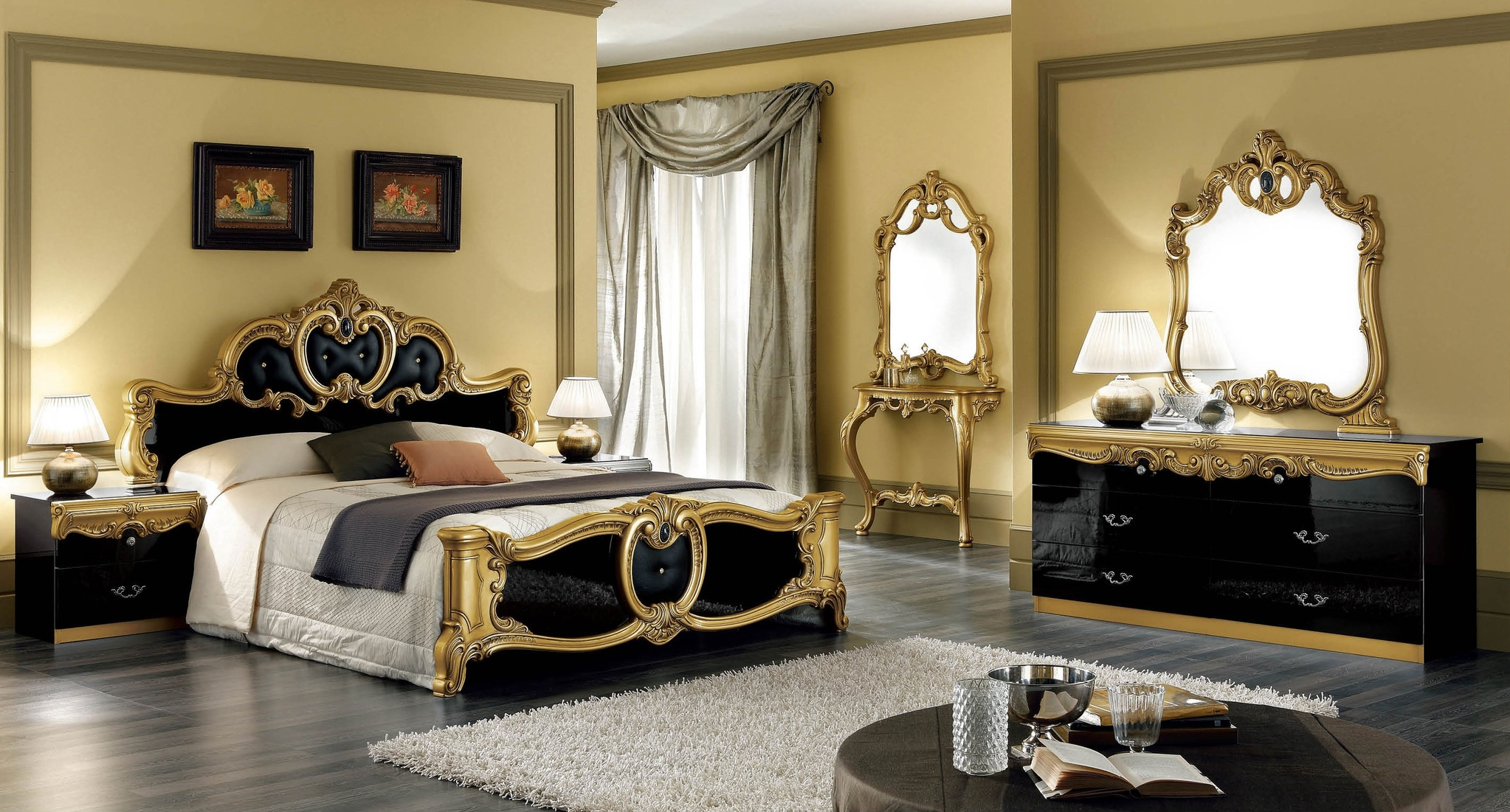 The Barocco Black With Gold Bedroom Collection in measurements 2046 X 1101