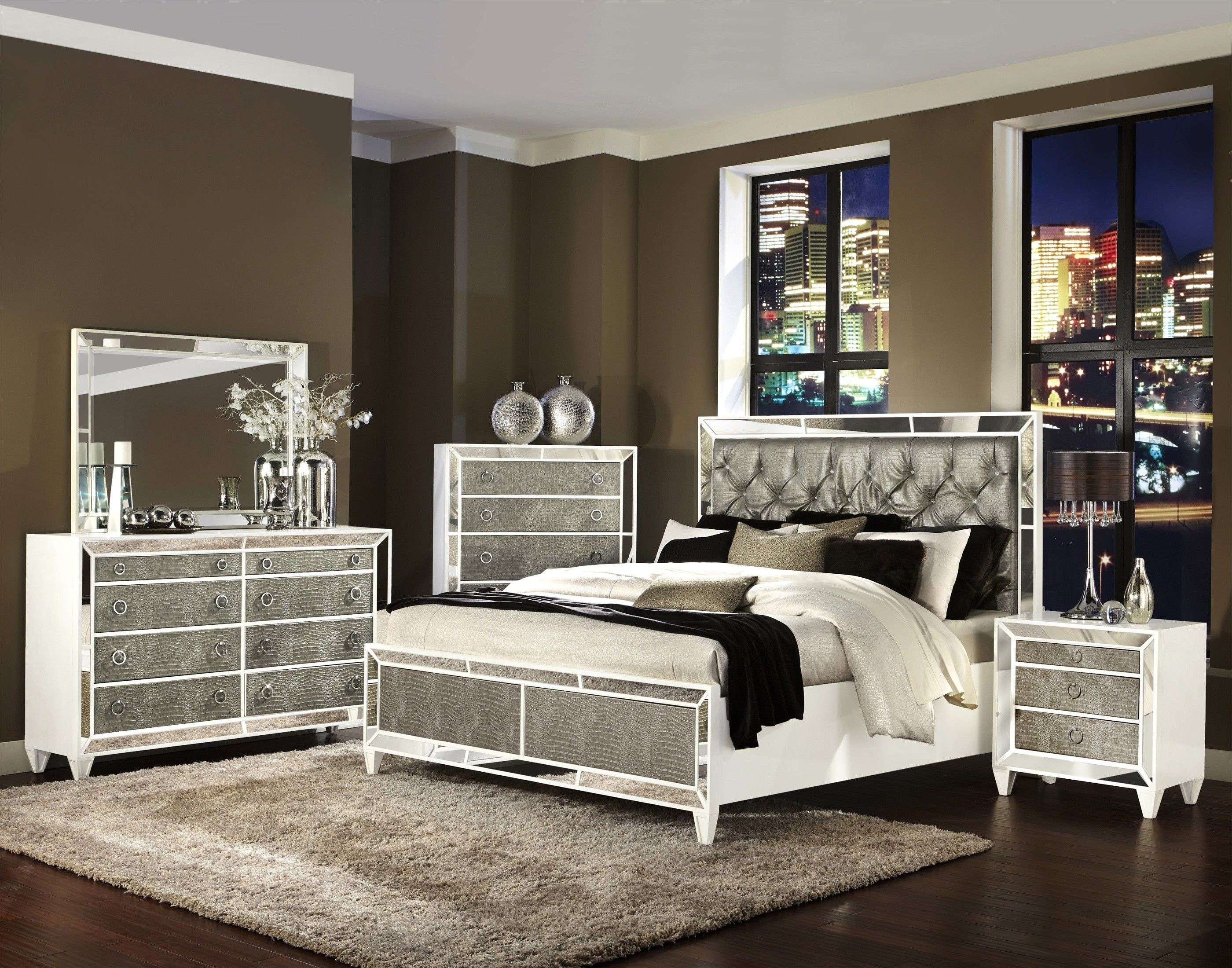 Transitional Pearlized White Design Glass Bedroom Set Glass intended for sizing 2800 X 2200