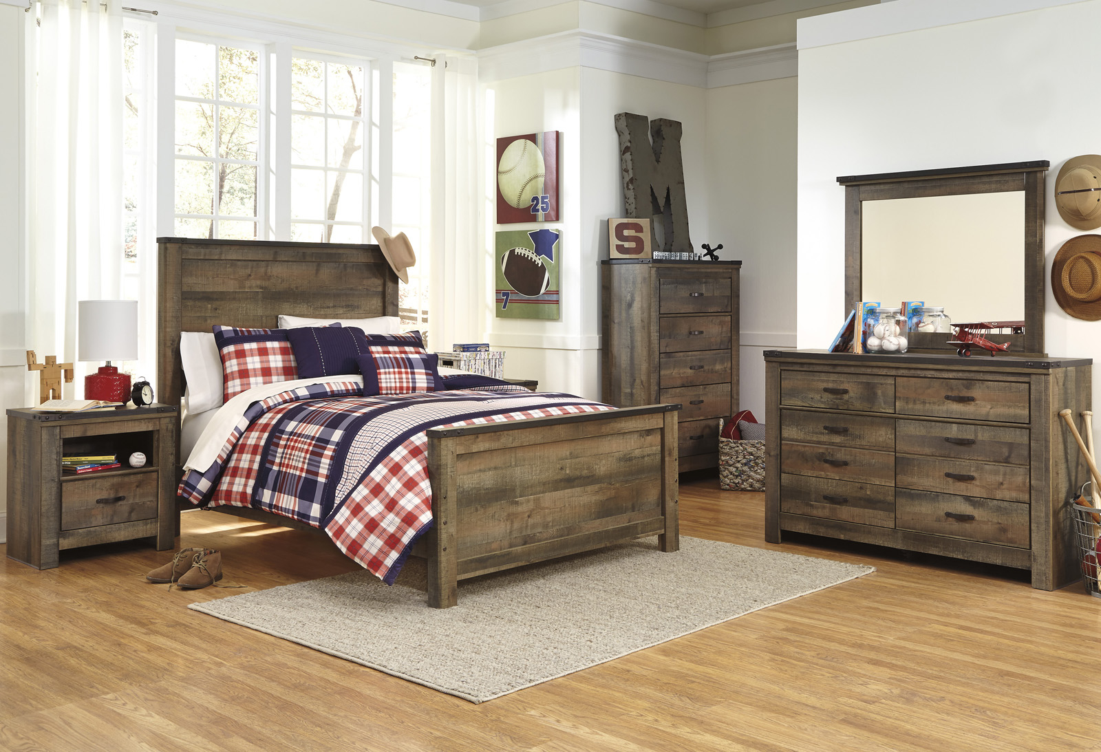 Trinell 4 Piece Panel Bedroom Set In Warm Rustic Oak in dimensions 1600 X 1093