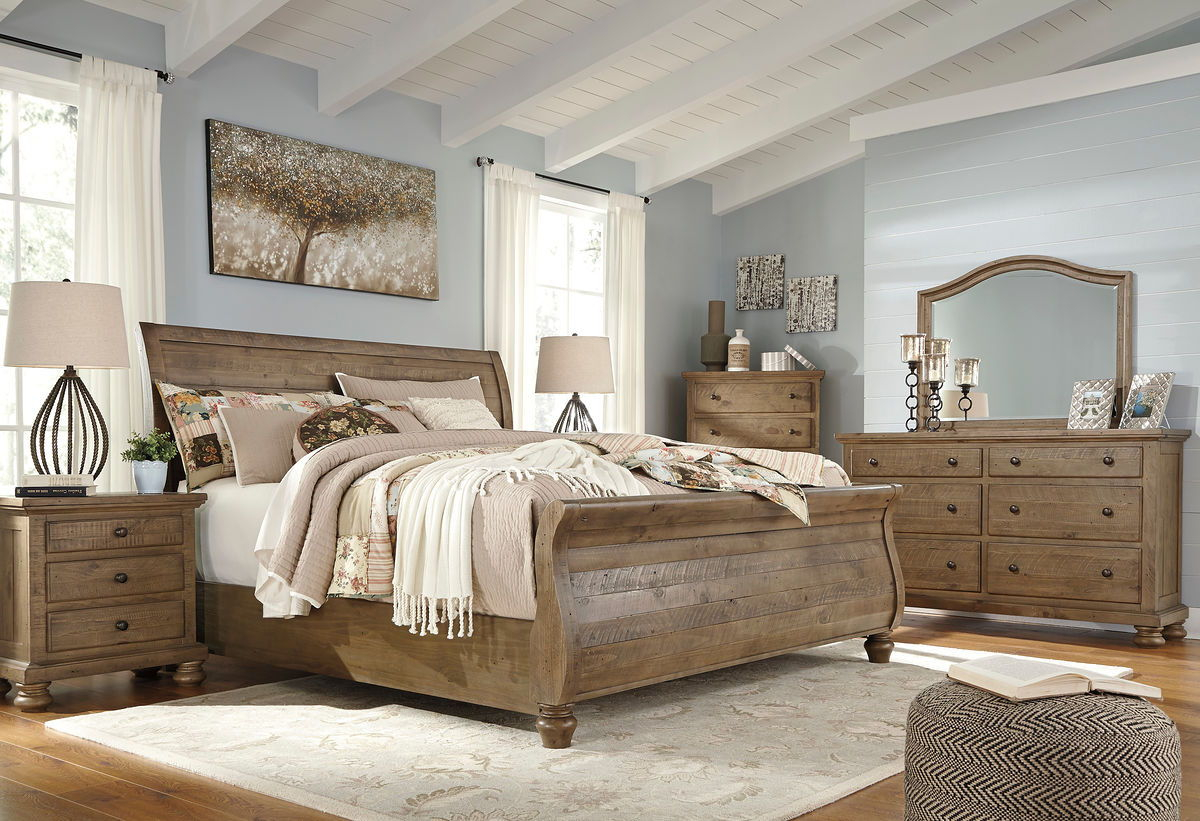 Trishley Light Brown 6 Pc Dresser Mirror Chest Queen Sleigh Bed with measurements 1200 X 821