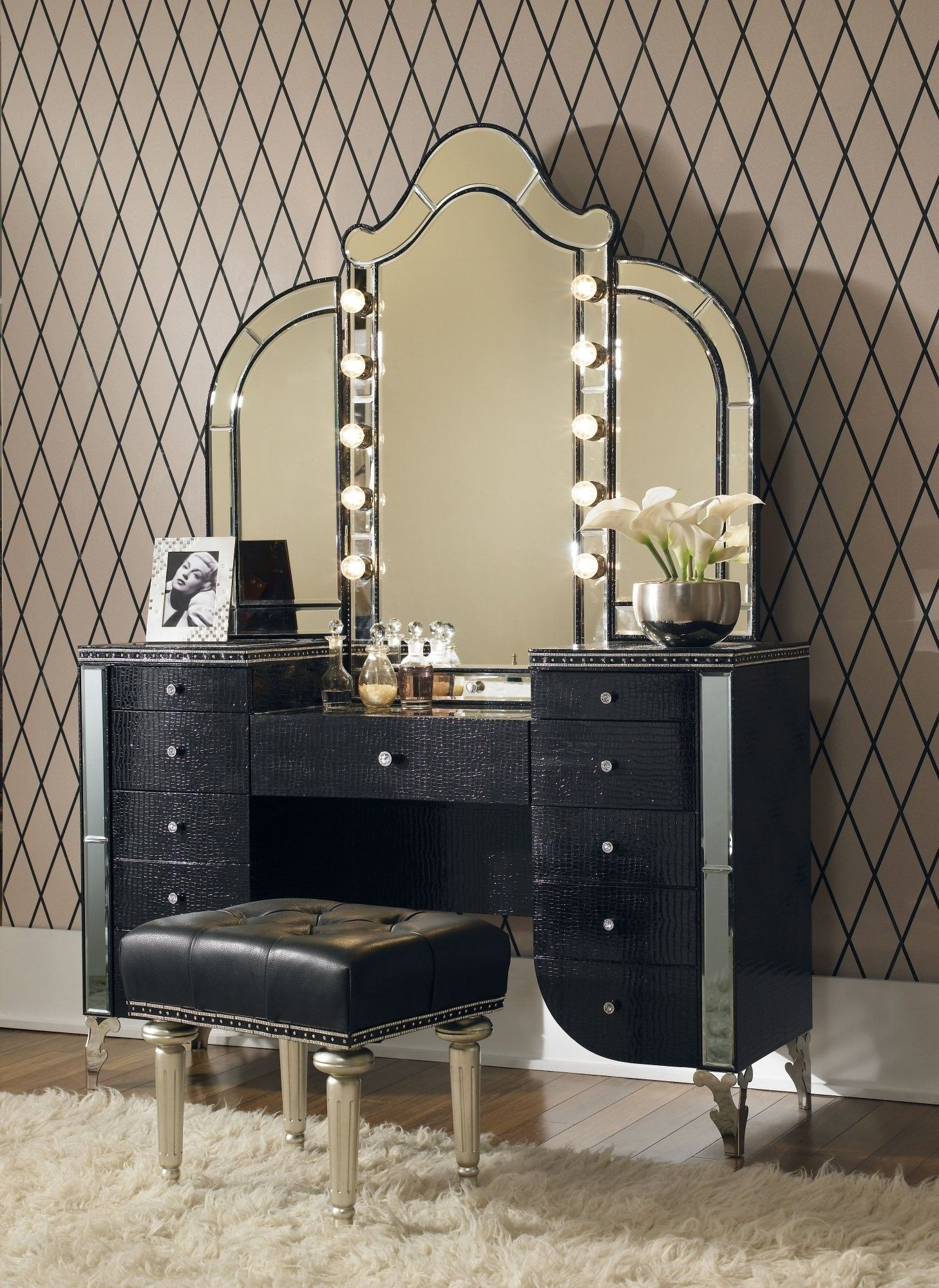 Upholstered Vanity Mirror Black Iguana In 2019 Hollywood Regency for size 1458 X 2000