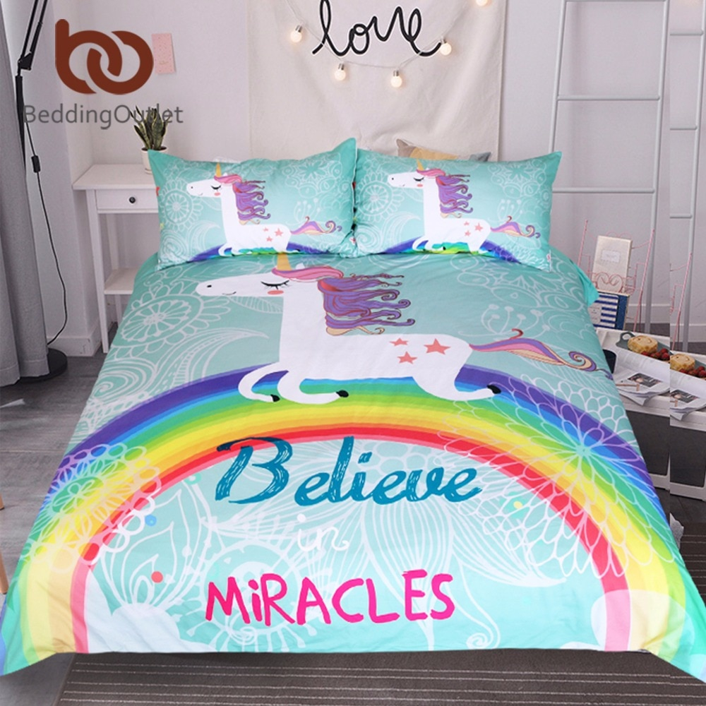 Us 279 40 Offbeddingoutlet Unicorn Bedding Set Believe Miracles Cartoon Single Bed Duvet Cover Animal For Kids Girls 3pcs Rainbow Bedspreads In within sizing 1000 X 1000