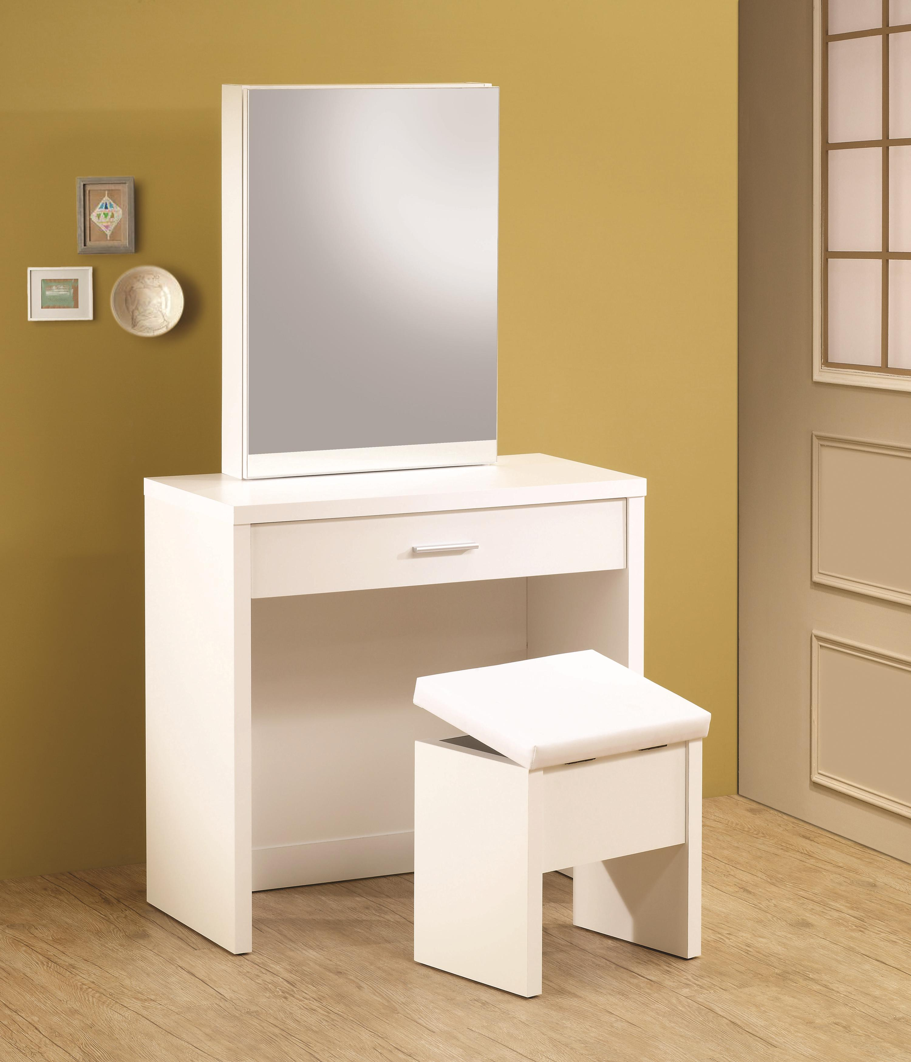 Vanities White Vanity With Hidden Mirror Storage And Lift Top Stool Coaster At Value City Furniture regarding proportions 3000 X 3500